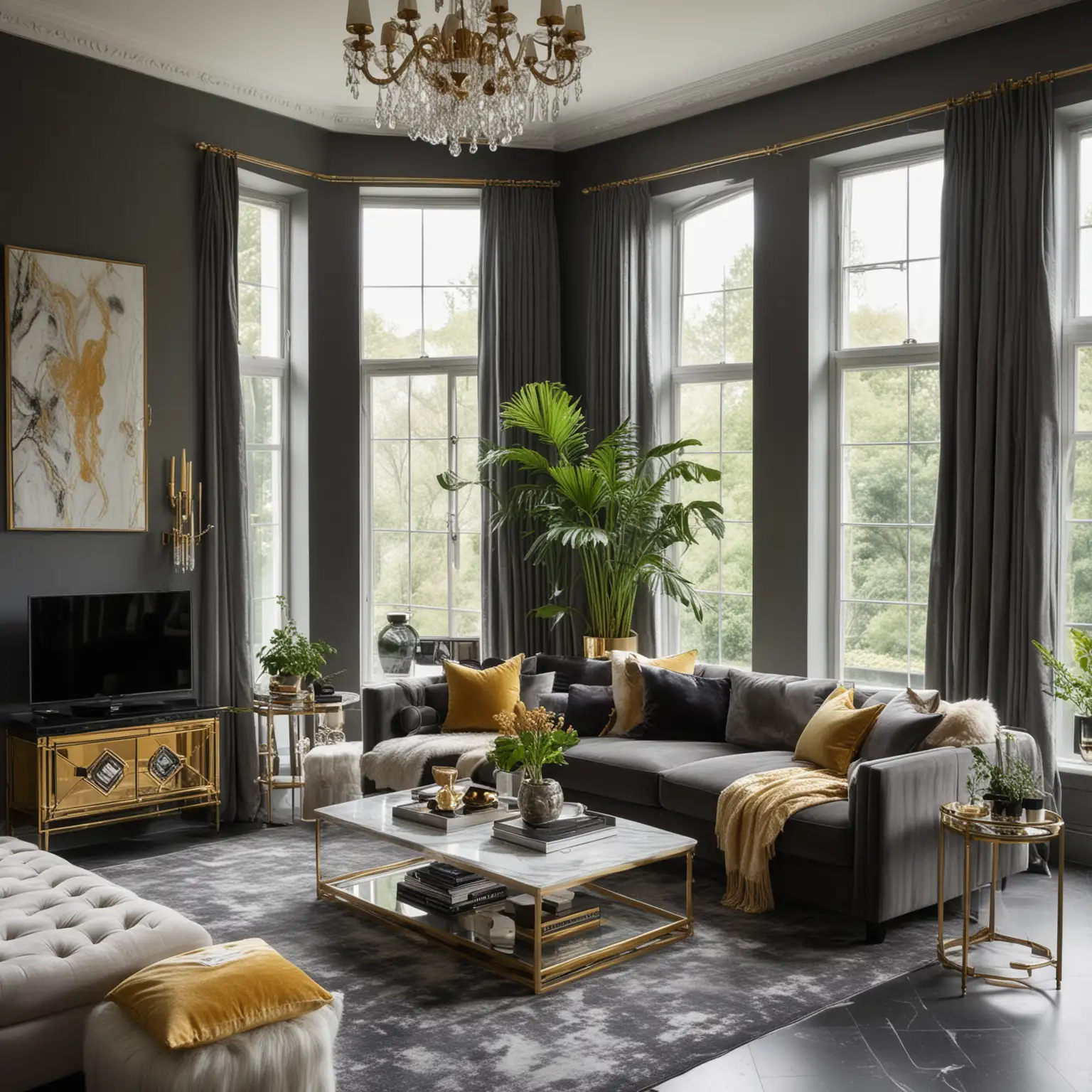 a dutch angle shot of A sophisticated living room with dark grey walls, large panoramic windows, and marble flooring. Incorporate a plush velvet sofa with gold and cream throw pillows, a glass coffee table with gold accents, and a high-pile rug. Add a wall-mounted flat-screen TV, gold-framed wall mirrors, elegant crystal chandeliers, a few large potted plants in stylish planters, a gold-accented bar cart, crystal vases, a couple of abstract sculptures, and a state-of-the-art sound system.