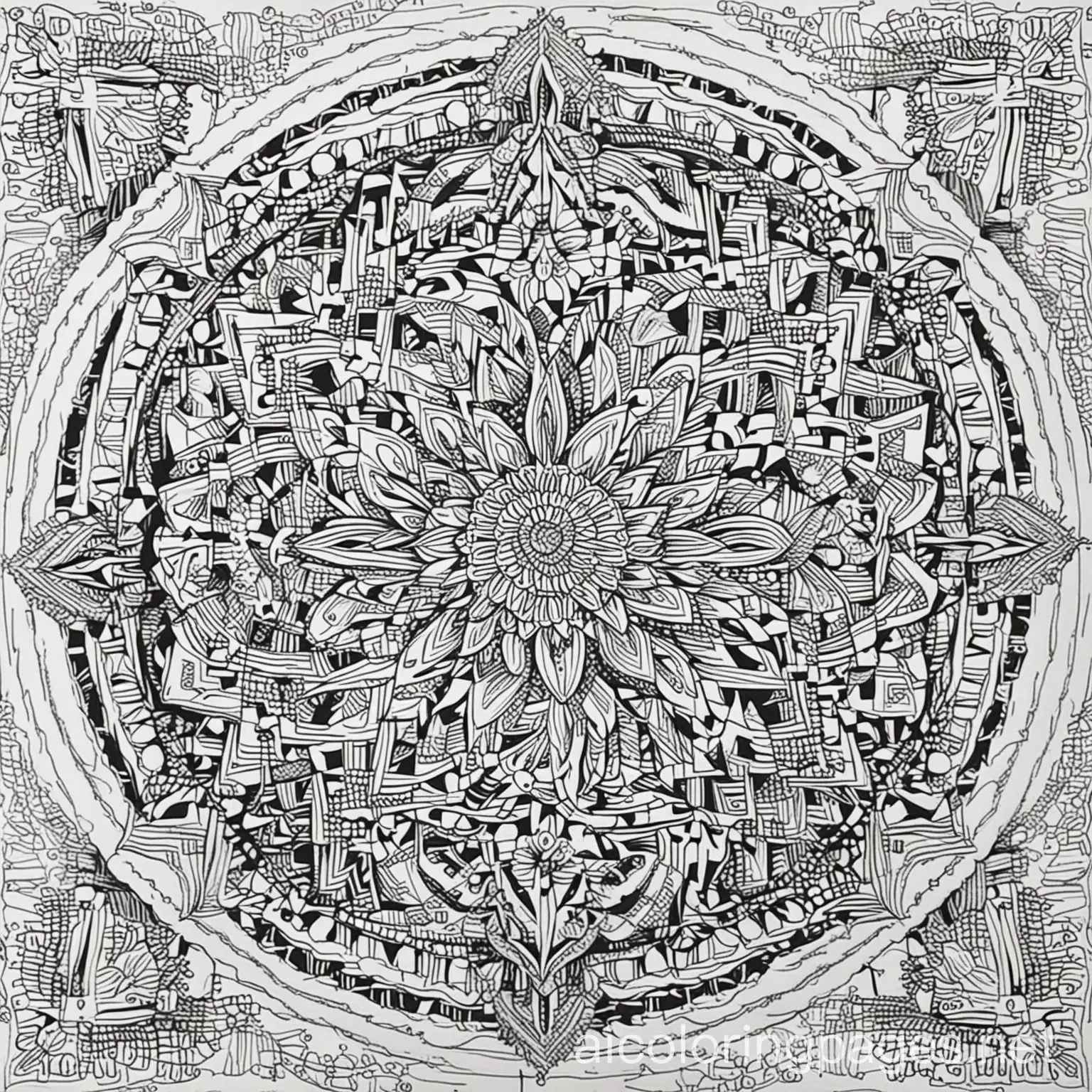 Design a complex and intricate mandala pattern with various geometric shapes and floral elements, Coloring Page, black and white, line art, white background, Simplicity, Ample White Space. The background of the coloring page is plain white to make it easy for young children to color within the lines. The outlines of all the subjects are easy to distinguish, making it simple for kids to color without too much difficulty