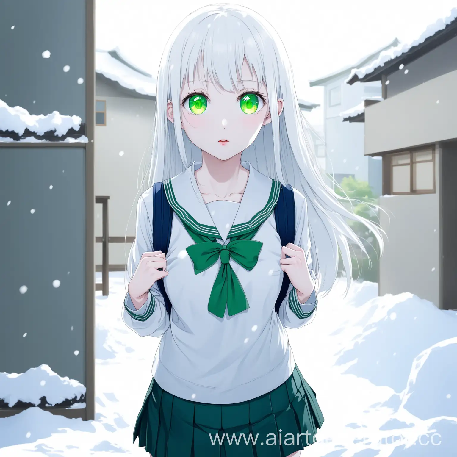 стройная старшекласница японка в школьной форме в короткой юпке и белоснежной кожой, волосами и ярко зелёными глазами