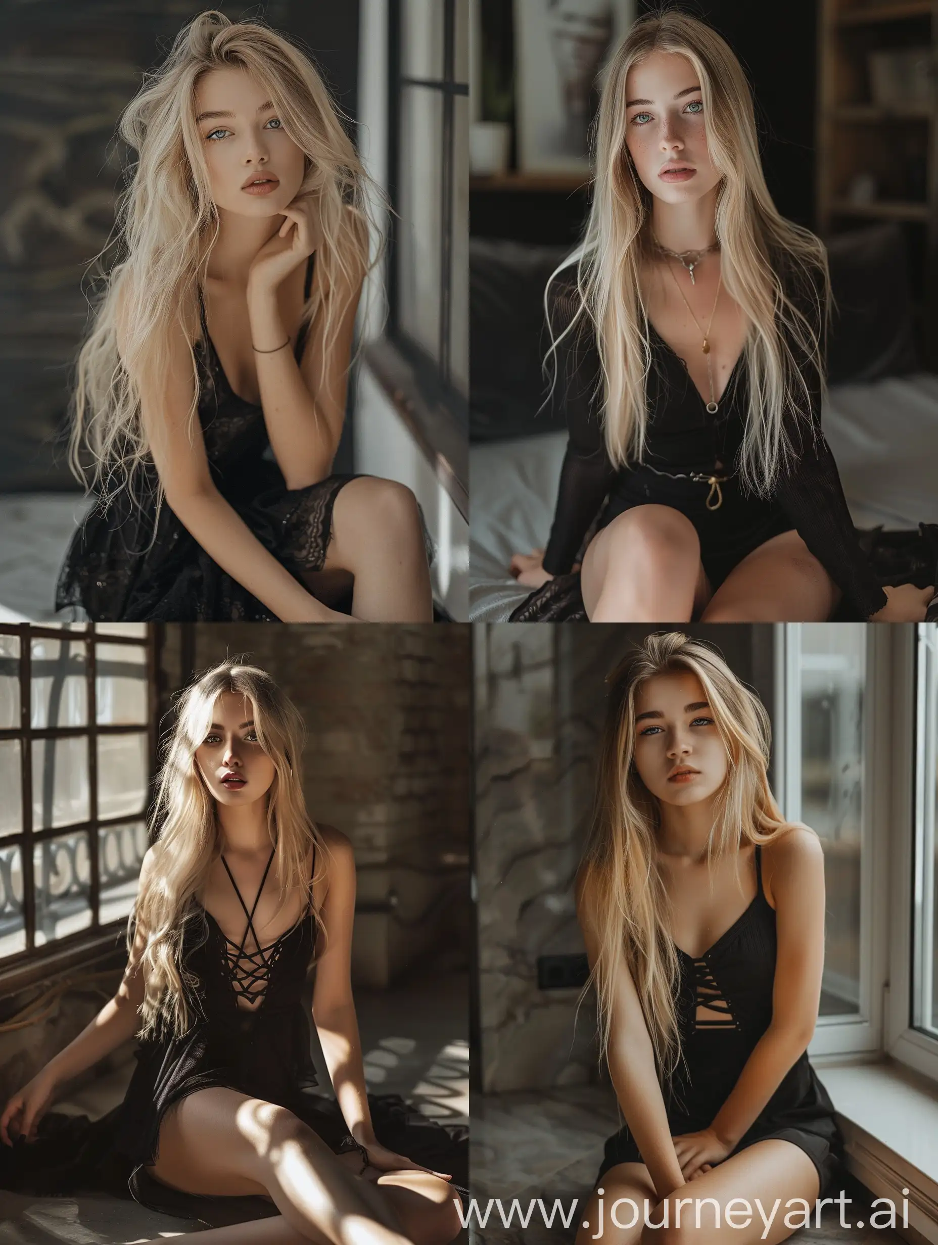 1 girl, long blond hair, 18 years old, influencer, beauty,   in the school, black dress, makeup, , fullbody, fitness, sitting,