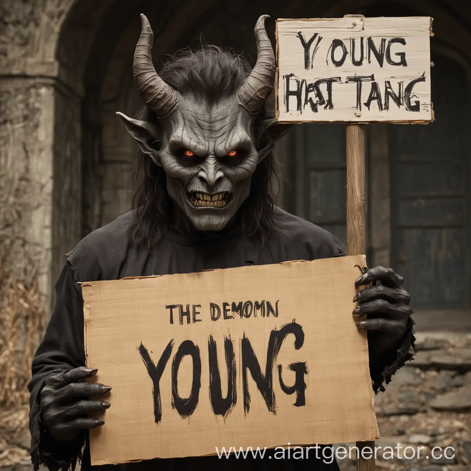Демон держит табличку с надписью Young
