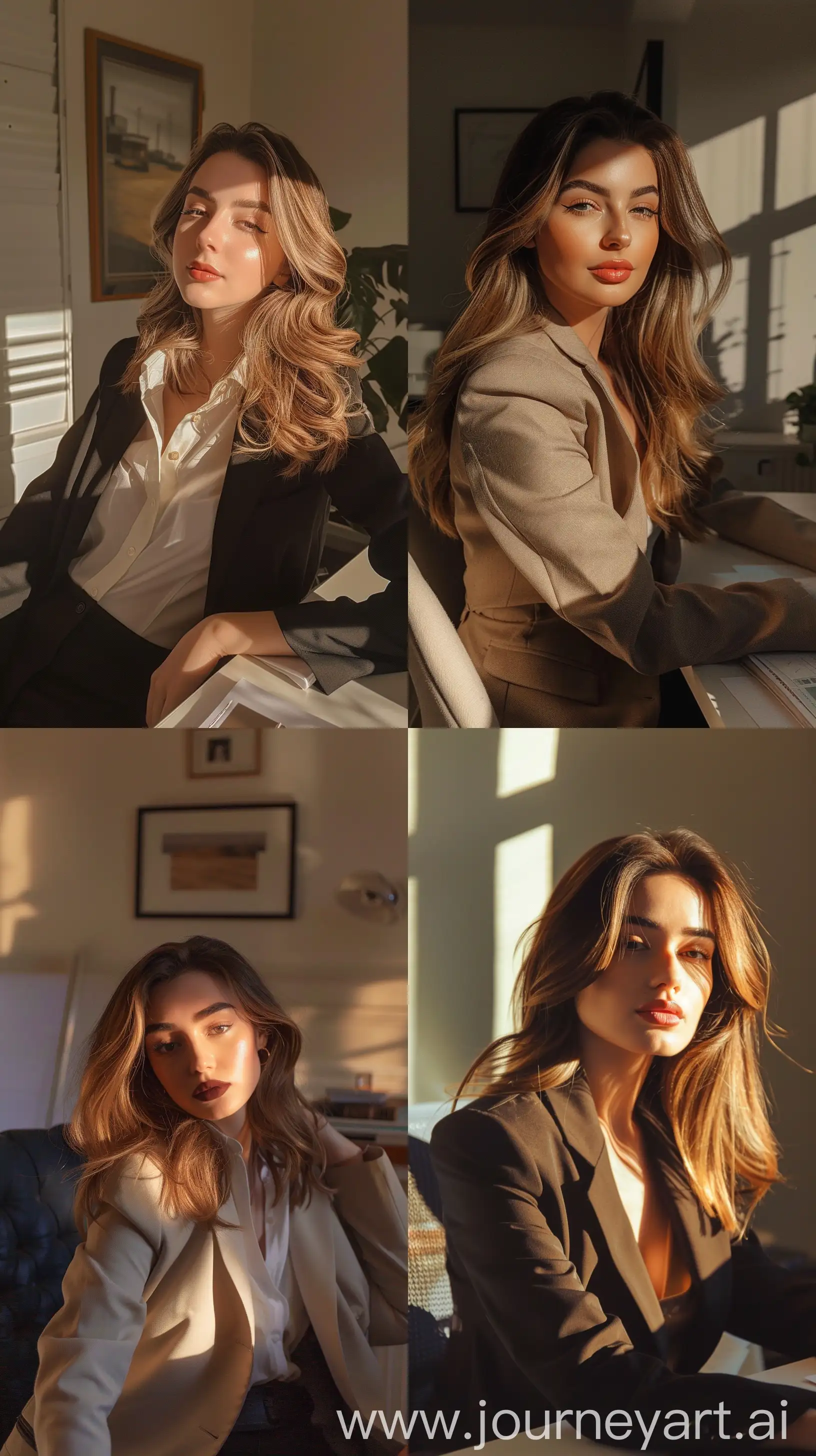 Aesthetic Instagram selfie of a female business woman in her chic office clothing, sitting at desk, matte lipstick, warm brown tones, British, gorgeous hair, ombre, realistic lighting and shadows, wide set, profile throw face away in room --ar 9:16
