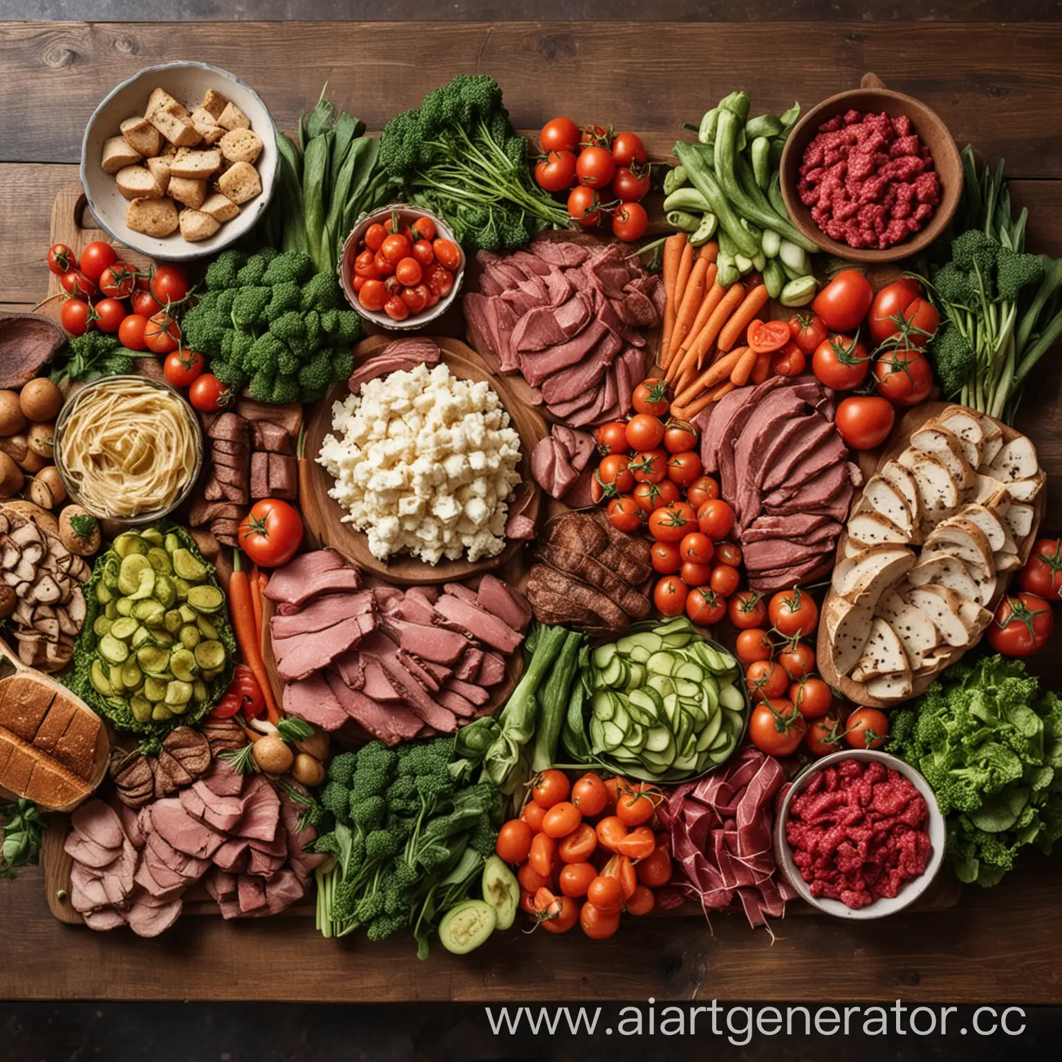 Стол на котором разложены овощи и мясо