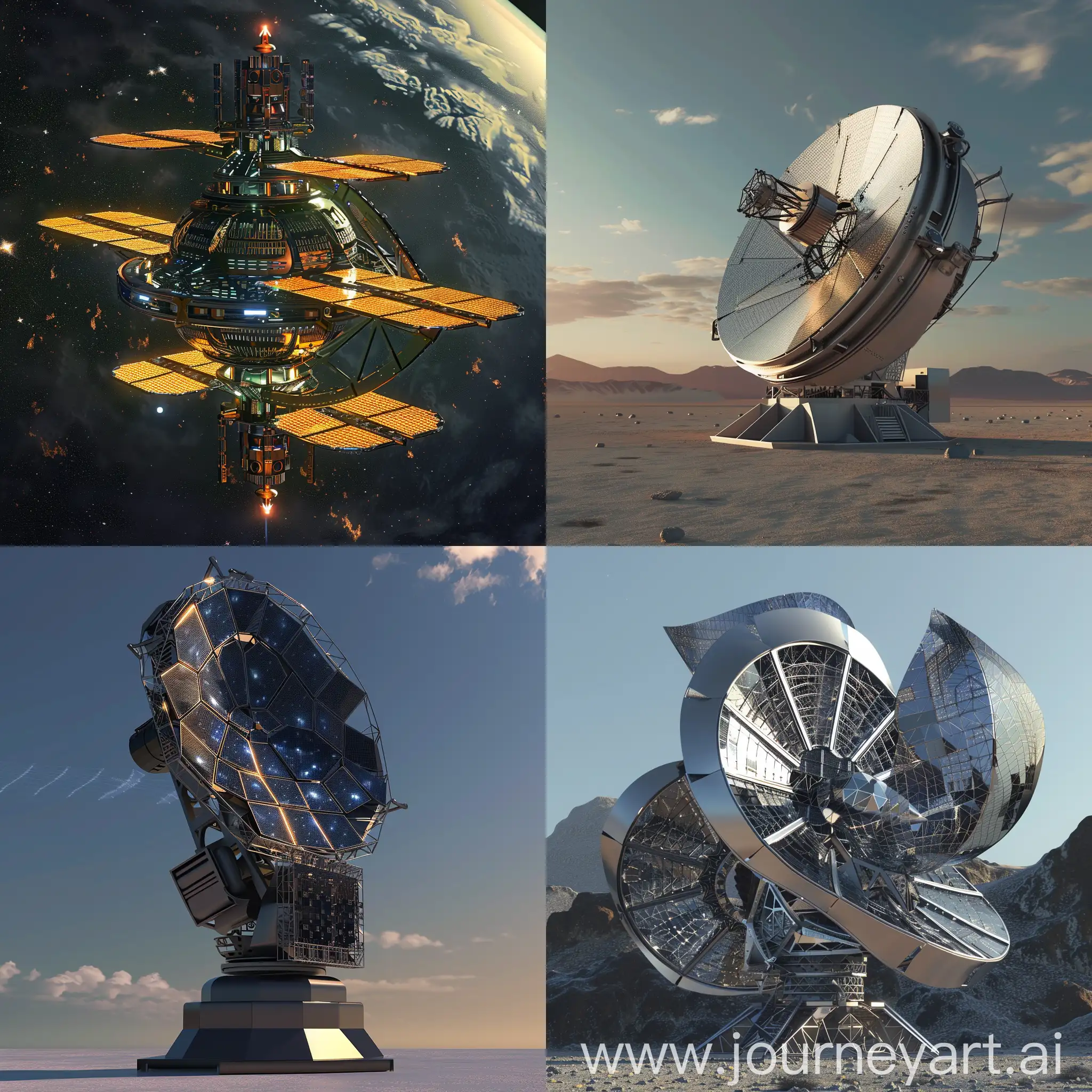 Sci-fi futuristic space telescope, Extremely Large Mirrors or Lens Arrays, Active Optics, Extreme Cooling, Starshades, Formation Flying Observatories, Space-Based Interferometers, Hyperspectral Imaging, Biosignatures Detection, Ultraviolet and X-ray Vision, Deployable Telescopes, Self-Reconfigurable Mirrors, Bio-inspired Light Trapping, Swarmbased Sensor Arrays, Adaptive Radiation Shielding, Self-Healing Electronics, Onboard AI for Real-Time Calibration, Predictive Maintenance, Autonomous Target Acquisition and Tracking, Intelligent Data Compression and Analysis, Evolvable Internal Systems, Smart Sunshield Deployment, Modular Radiator Panels, Adaptive Thrusters for Precision Pointing, Self-Healing Micrometeoroid Shields, Laser Communication Network, Deployable Light Sails, Energy Harvesting Skin, Autonomous Docking and Assembly, Robotic External Maintenance Arms, Dynamic Environmental Sensors, Morphing Aperture, Bio-inspired Radiator Fins, Swarmbased Micrometeoroid Defense, Self-Calibrating Solar Sails, Adaptive Laser Communication Array, Environmental Monitoring Skin, Self-Deploying Sensor Pods, Modular Docking Stations, Robotic External Assembly Platforms, Dynamic Power Grid Management, unreal engine 5 rendering, 4K-UHD, 8K-UHD, super-hi vision, soft shadows, soft reflections, soft lighting, soft light, soft details, hard shadows, hard reflections, hard lighting, hard light, hard details --stylize 1000