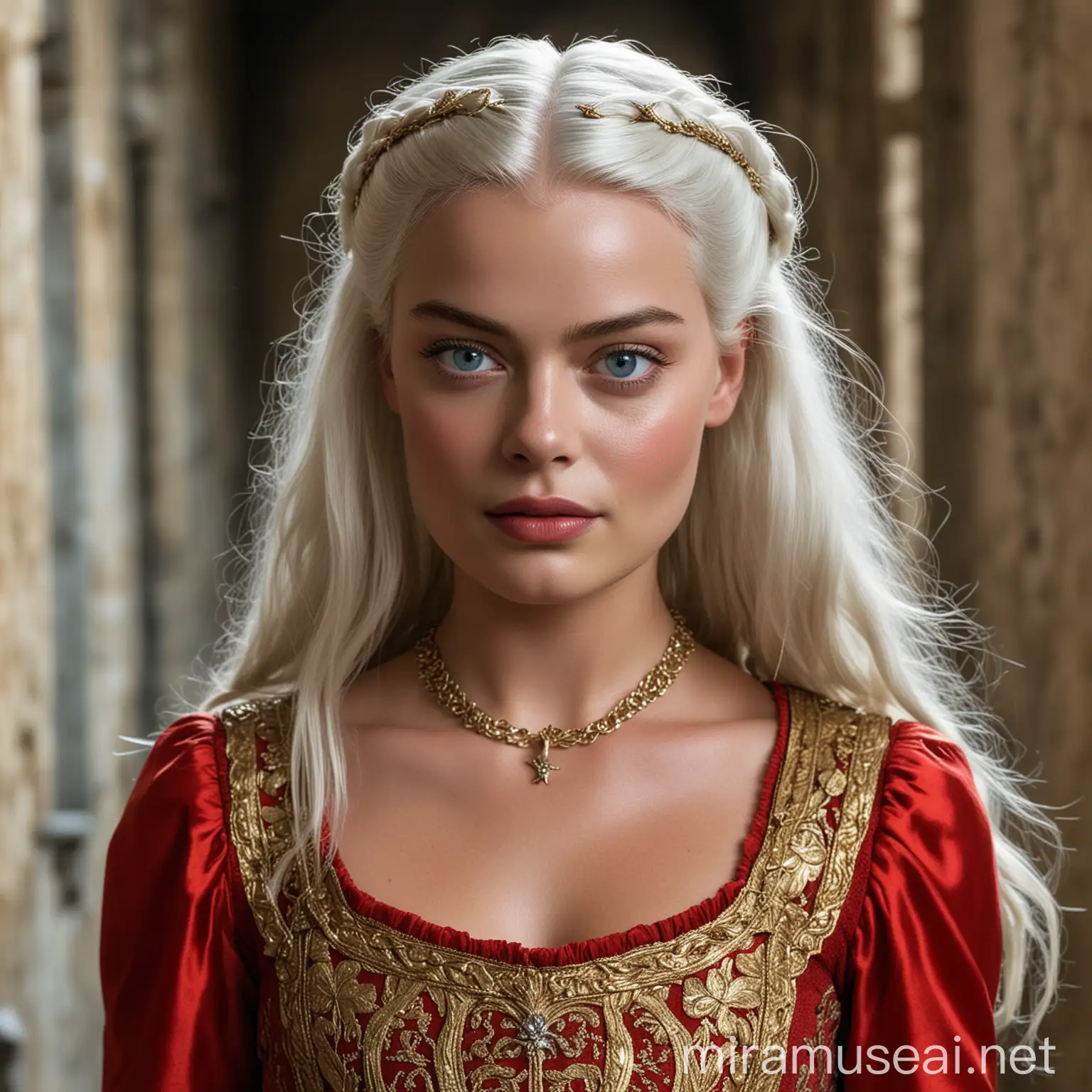 Margot Robbie en tant que princesse de 10 ans de la Maison Targaryen de l'Ancienne Valyria aux yeux clairs avec de longs cheveux blancs-argentés détachés, portant une robe rouge et dorée, se baladant dans les couloirs d'un château