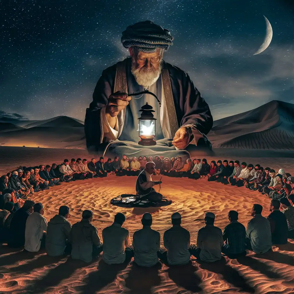Islamic-Scholar-Teaching-Night-Class-in-Desert-with-Large-Group-of-Students