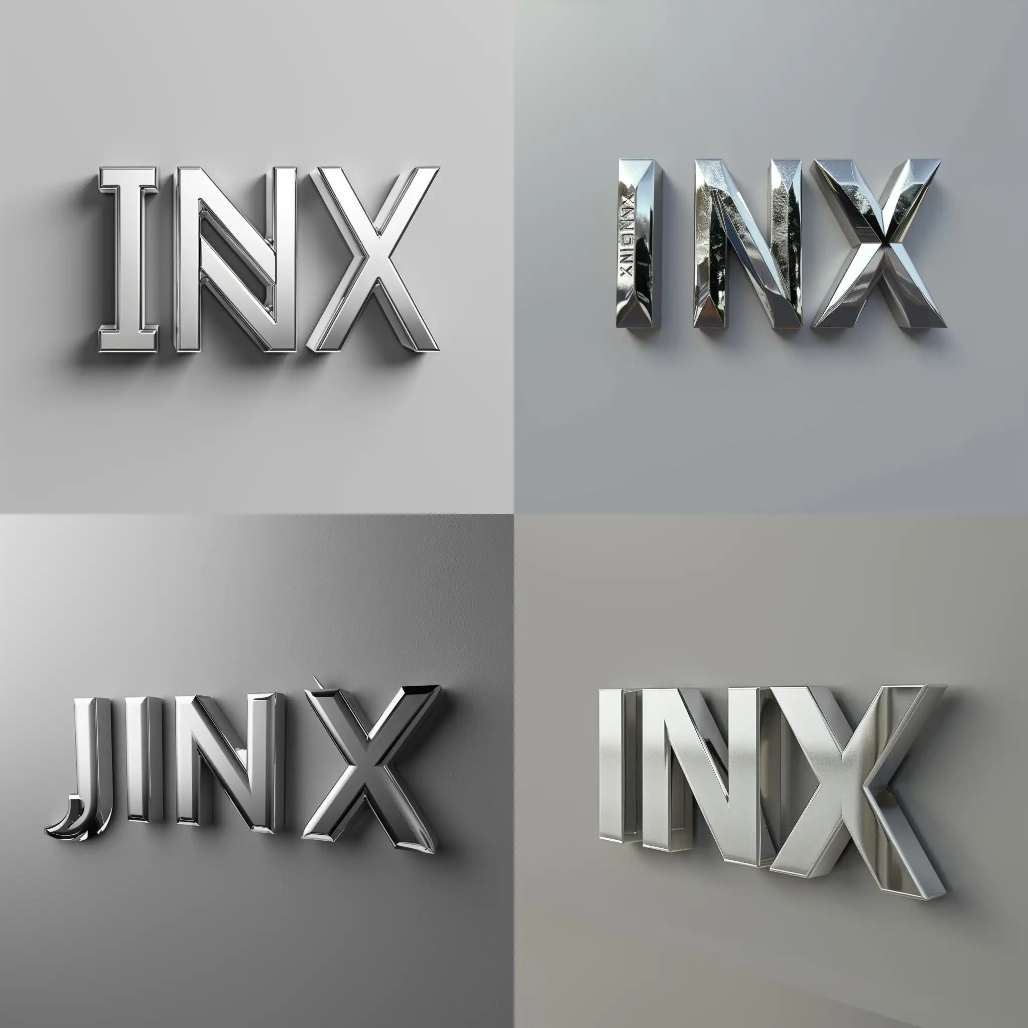 3 d Logo for INEX, facades,  metal volumed silver letters, on a grey background