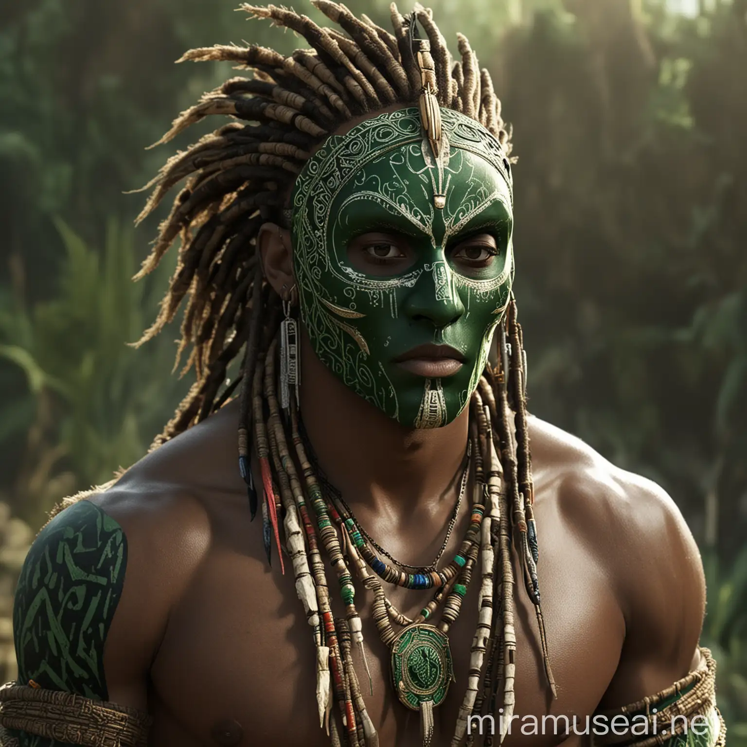 Ludacris is Usain Djisse the Green in #EvernaSaga #crystalwars 

Prompts: (full tribal masked:1.4) (best quality), (masterpiece), a mean and lean medieval tribal fantasy African assassin man, deadlock rasta-style hair, wearing black and green clothes, dynamic pose (tribal atmosphere:1.2), (pattern details:1.1), (intricate design), (intricate details:1.15), (ethereal vibes)