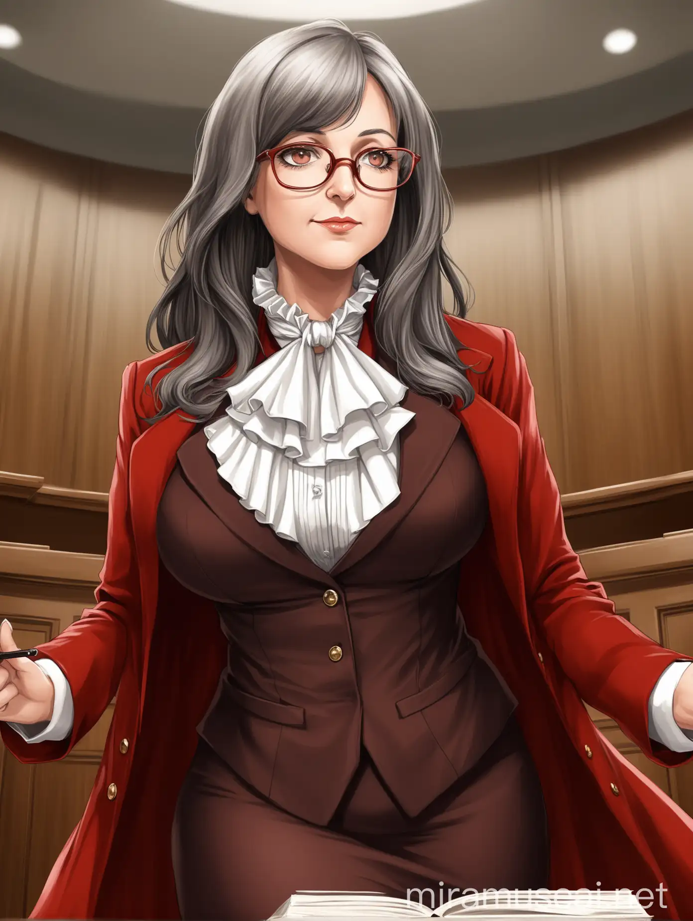 A beautiful mature woman; in her 30s; with a long dark greyish-brown styled hair with prominent fringes, grayish foxy eyes, a slightly curvy figure; she is wearing a red skirtsuit with a long red coat, white dress shirt, brown pantyhose, black elegant vest, a white ruffled jabot tied around her neck and a pair of reading glasses; she is a prosecutor in a court room; below angle 