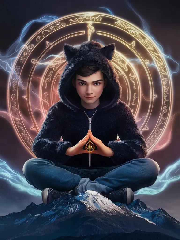 photorealistic, magical qi-cultivation, 12yo, male, RAW Photo, black fluffy-fleece furry-cat-hoodie, immortality, precocious, European face, lotus-position on mountaintop, holding rune between hands, complex 5-layer fleeze magical circle floating behind, digital art, isometric style, focused on the character, 4K resolution, photorealistic rendering, front-view, hood-up, fluffy-fur-trim