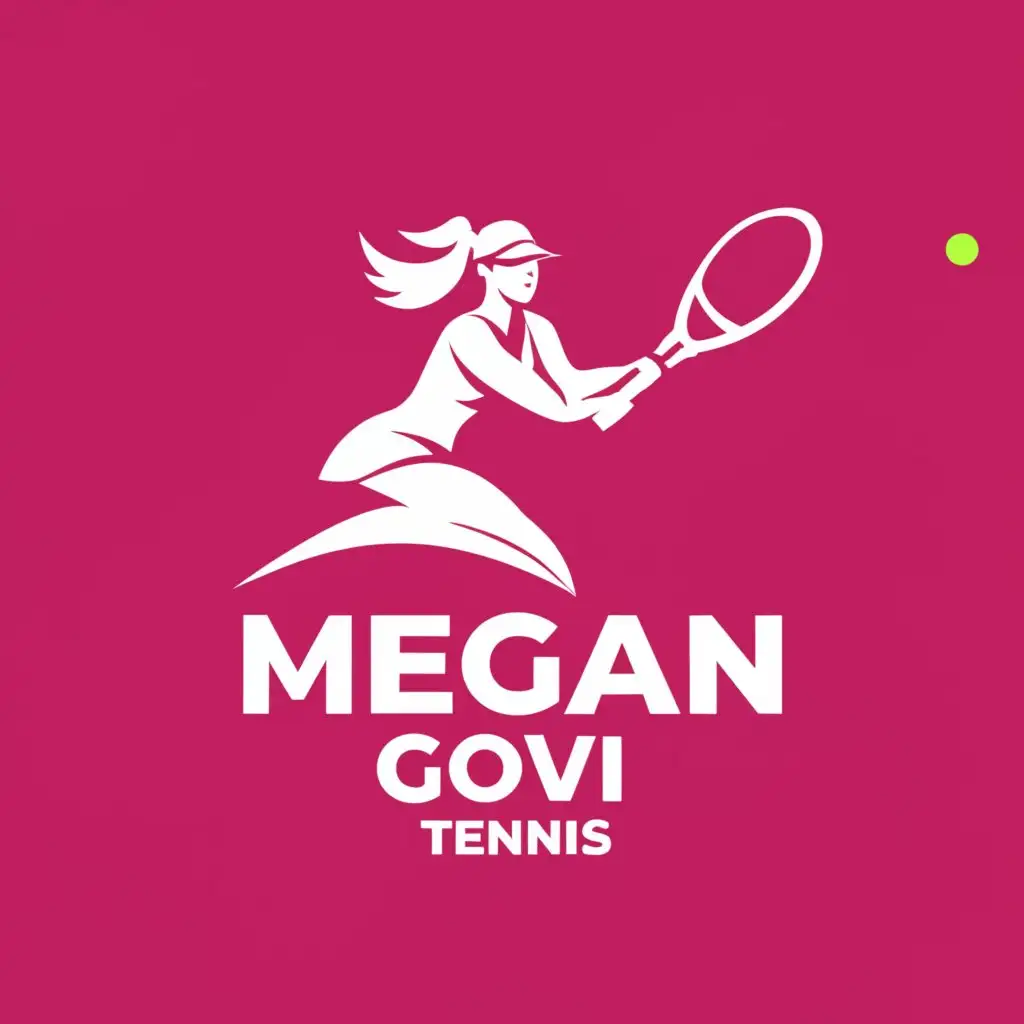 a logo design,with the text "Megan Govi Tennis", main symbol:real human looking sexy blonde woman playing tennis, white outfit, pink racket, pink background and text,complex,be used in Sports Fitness industry,clear background