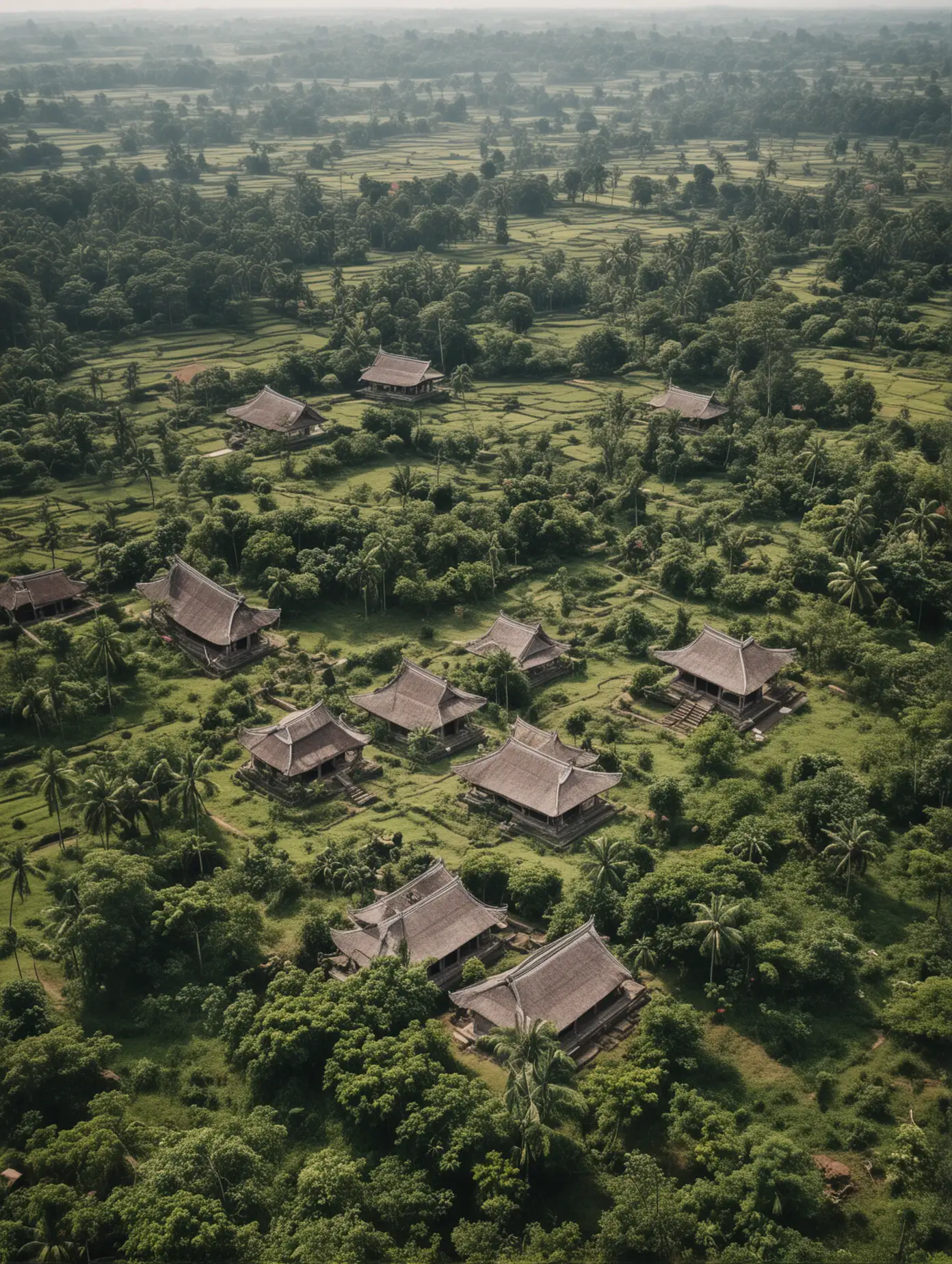 view from above of the countryside with stone temple houses from the era of the Indonesian Mataram kingdom