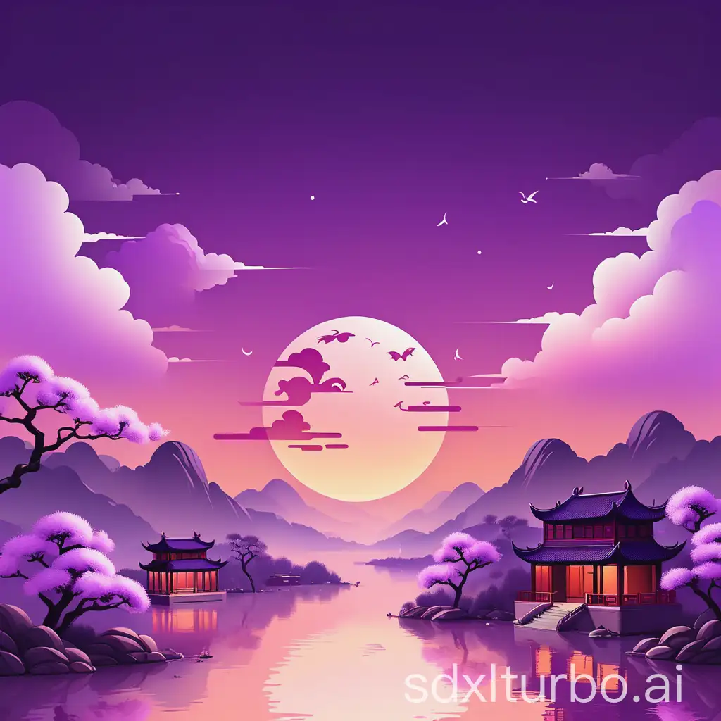 generate a warm logo, Chinese style, purple sky, romantic and cozy