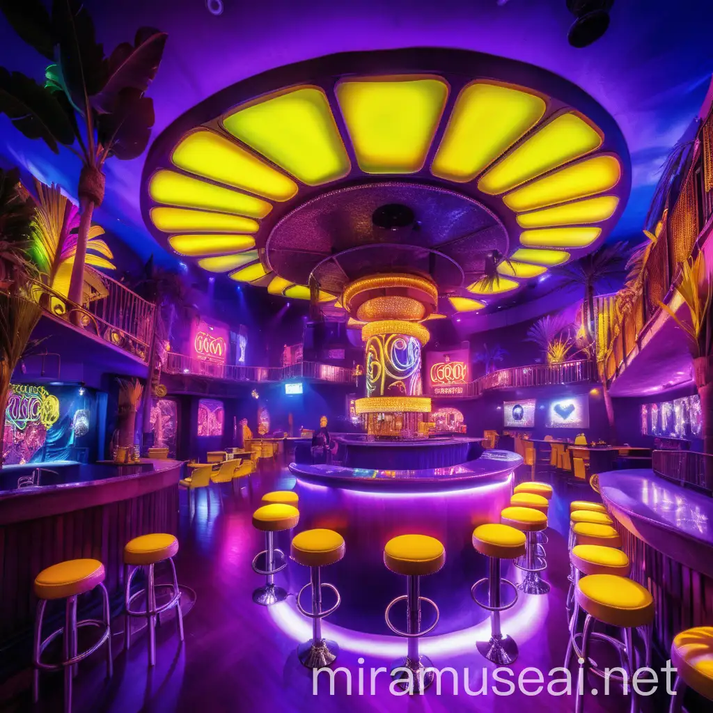 neon night club, coco bongo club, purple and yellow, vibrant color