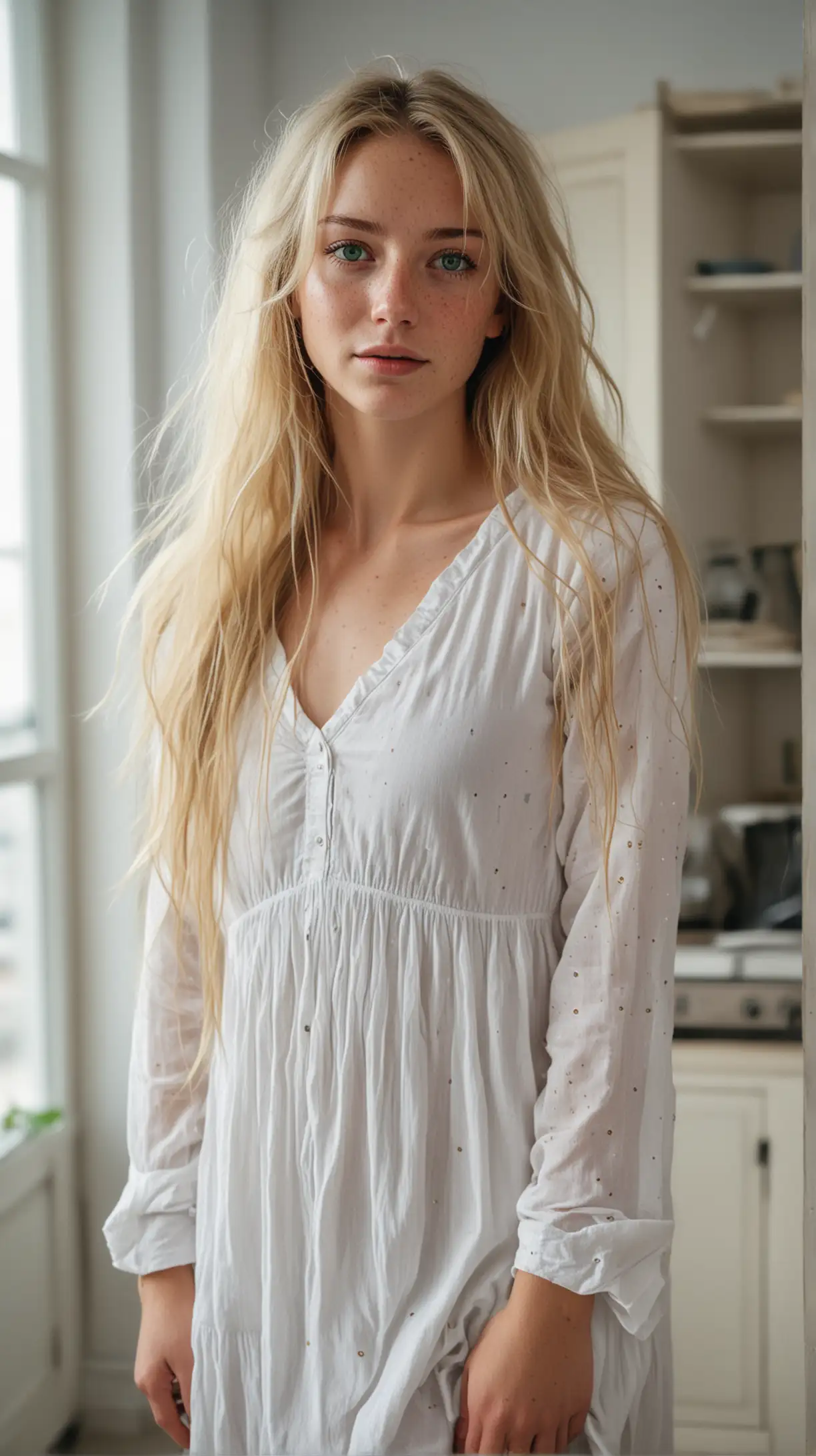 Young Woman with Long Blonde Hair in a White Dress Standing in a Sunlit Apartment
