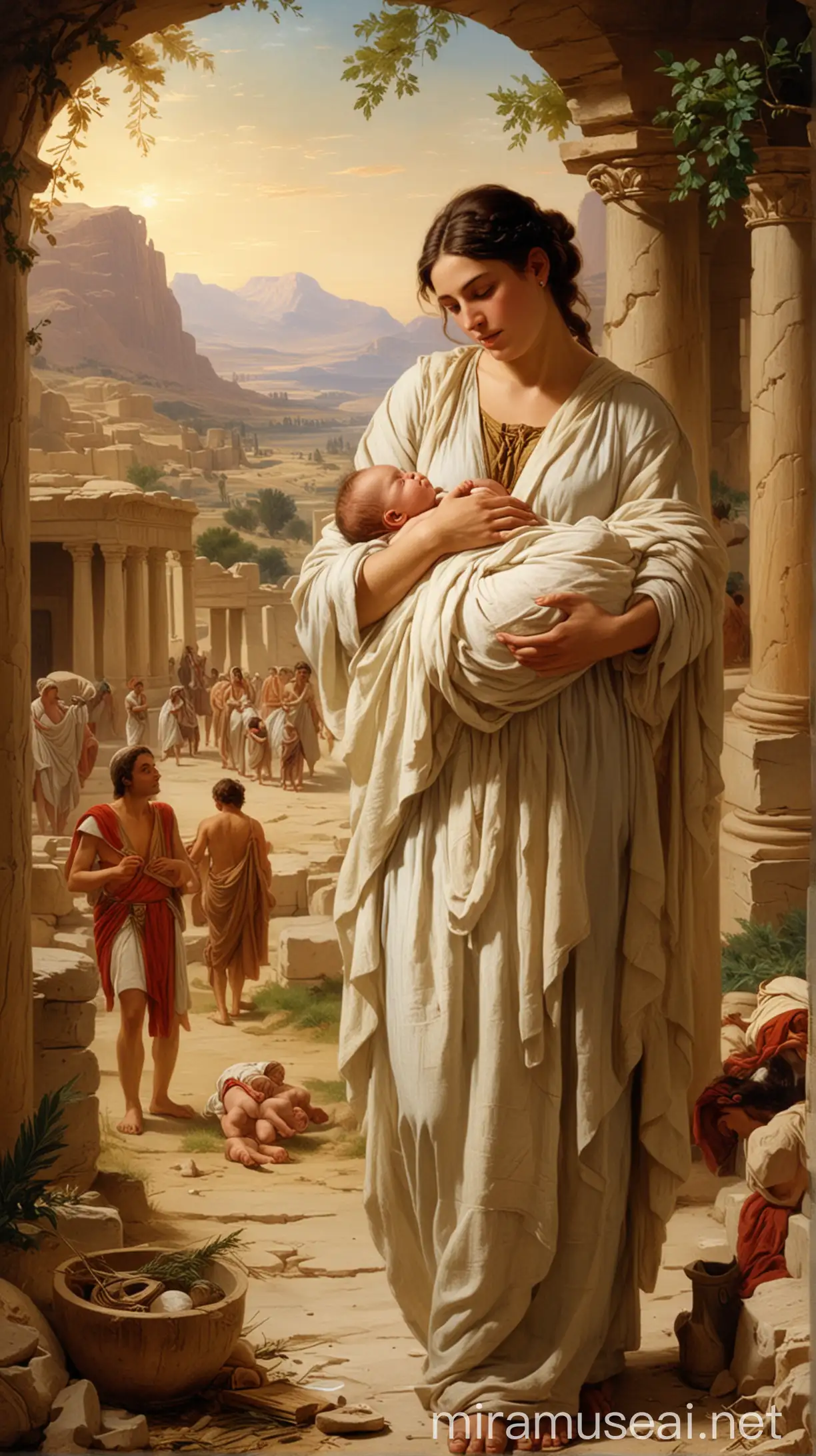 Prompt: "Depict a scene from ancient times around the 19th century BC showing a newborn child named Ammon with his mother and Lot. The setting should be modest and reflective of early biblical times."In ancient world 