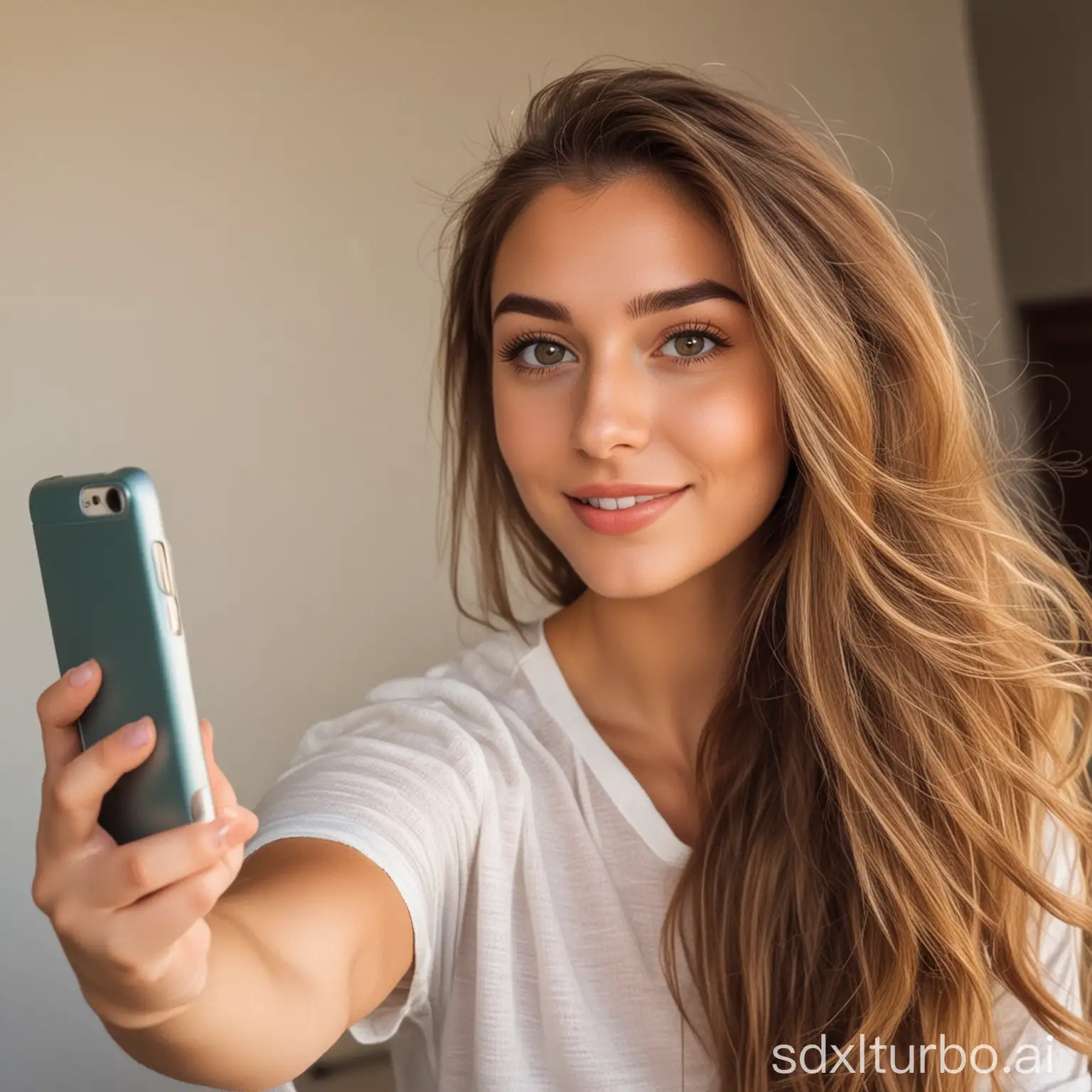 a beautiful girl taking a selfie with her phone