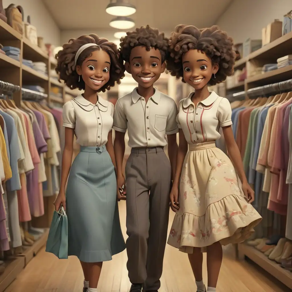 Smiling African American Teens Clothes Shopping in 1900s Cartoon Style