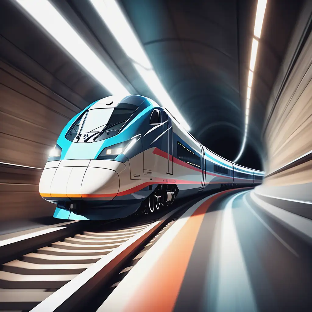 Flat design, hyper realistic, A high-speed train moves across the tunnel; low angle view of an illuminated moving railroad with motion blur on rails