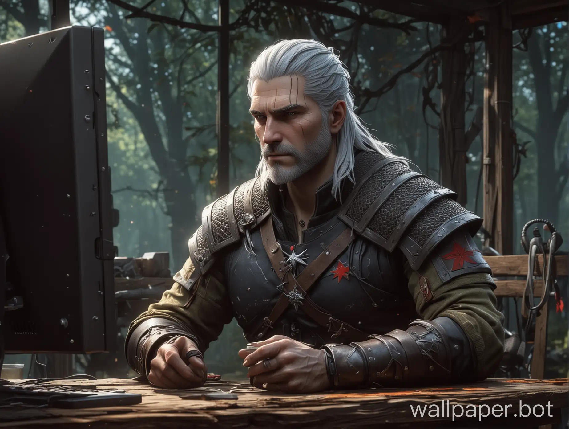 geralt sits at the comp at the monitor and watches anime in hands tea, in ear headphones