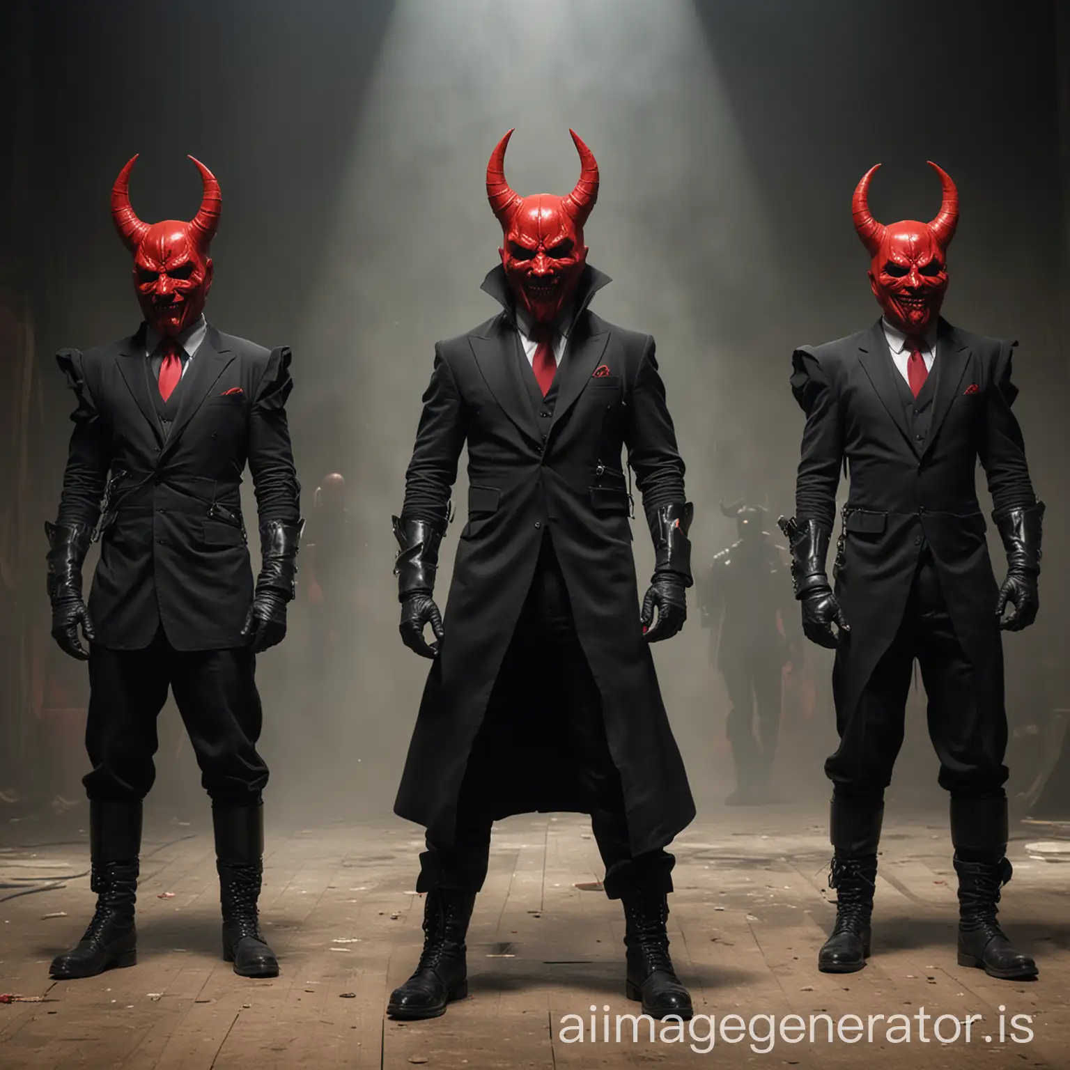 Man, 1.93 tall, dressed all in elegant black, with black gloves, black boots, and a red devil mask. Together with the 2 bodyguards of 2.20 meters tall, on a stage, heading towards destruction