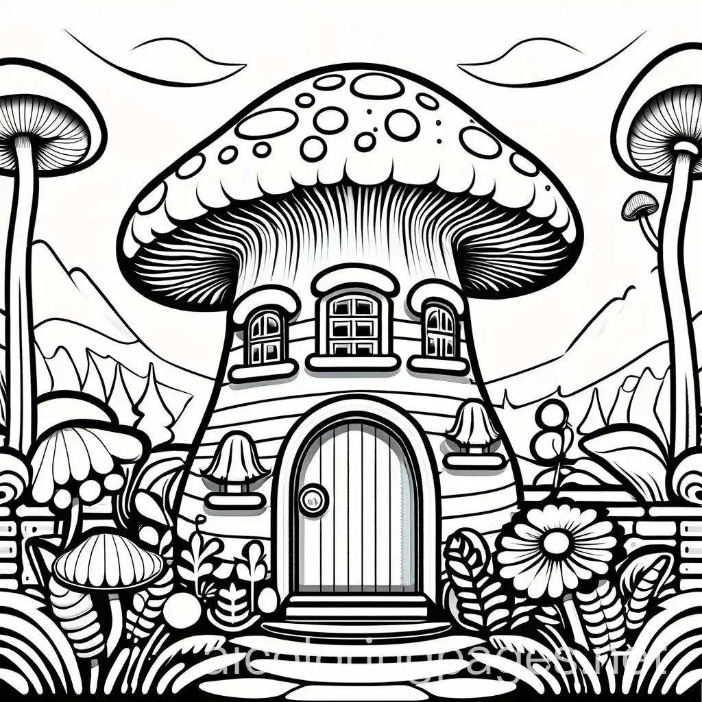 cottage core mushroom house, Coloring Page, black and white, line art, white background, Simplicity, Ample White Space. The background of the coloring page is plain white to make it easy for young children to color within the lines. The outlines of all the subjects are easy to distinguish, making it simple for kids to color without too much difficulty