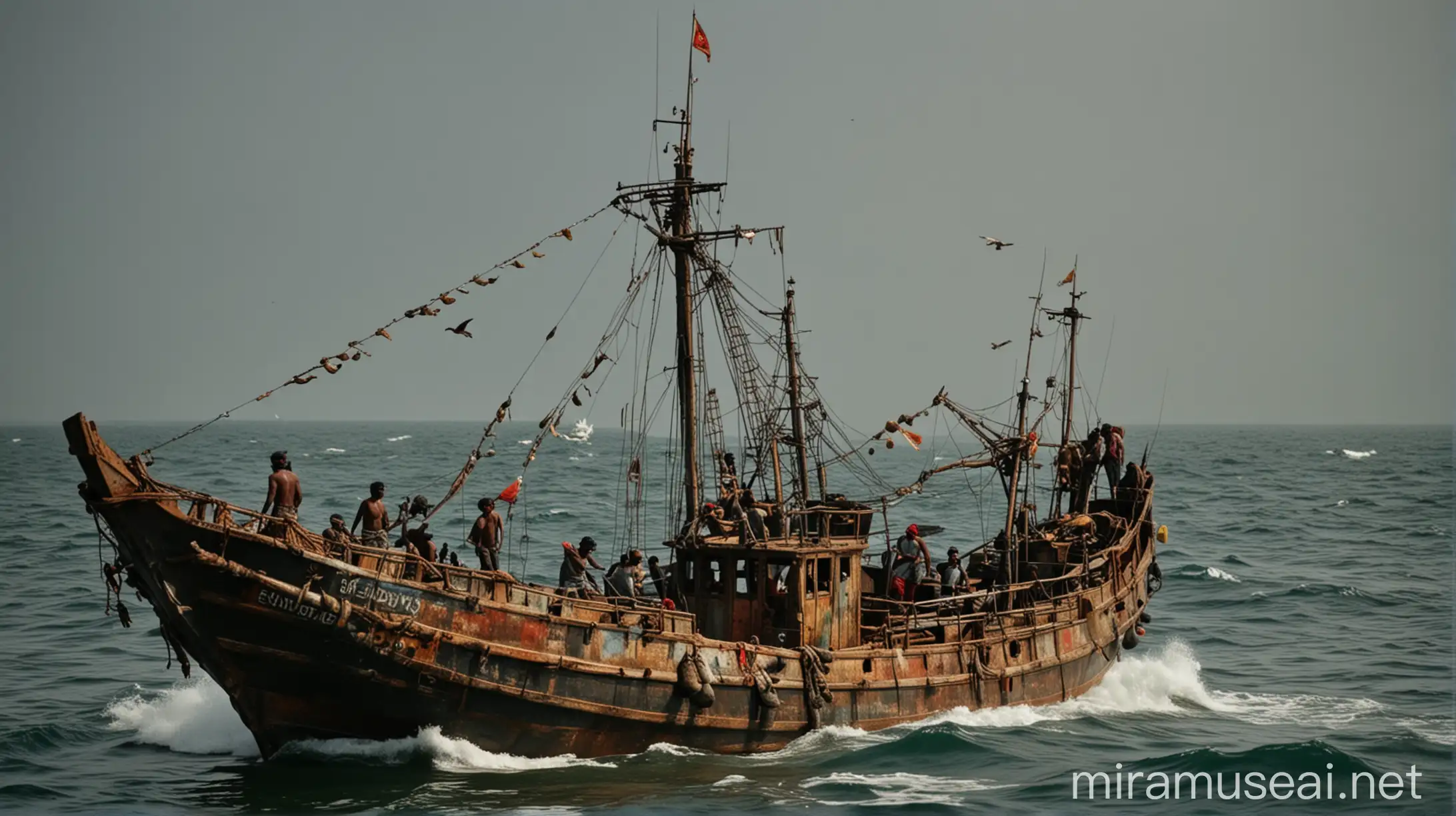 Sri Lankan pirates attack Tamil Nadu fishermen, hyper detailed, long shot, realistic,