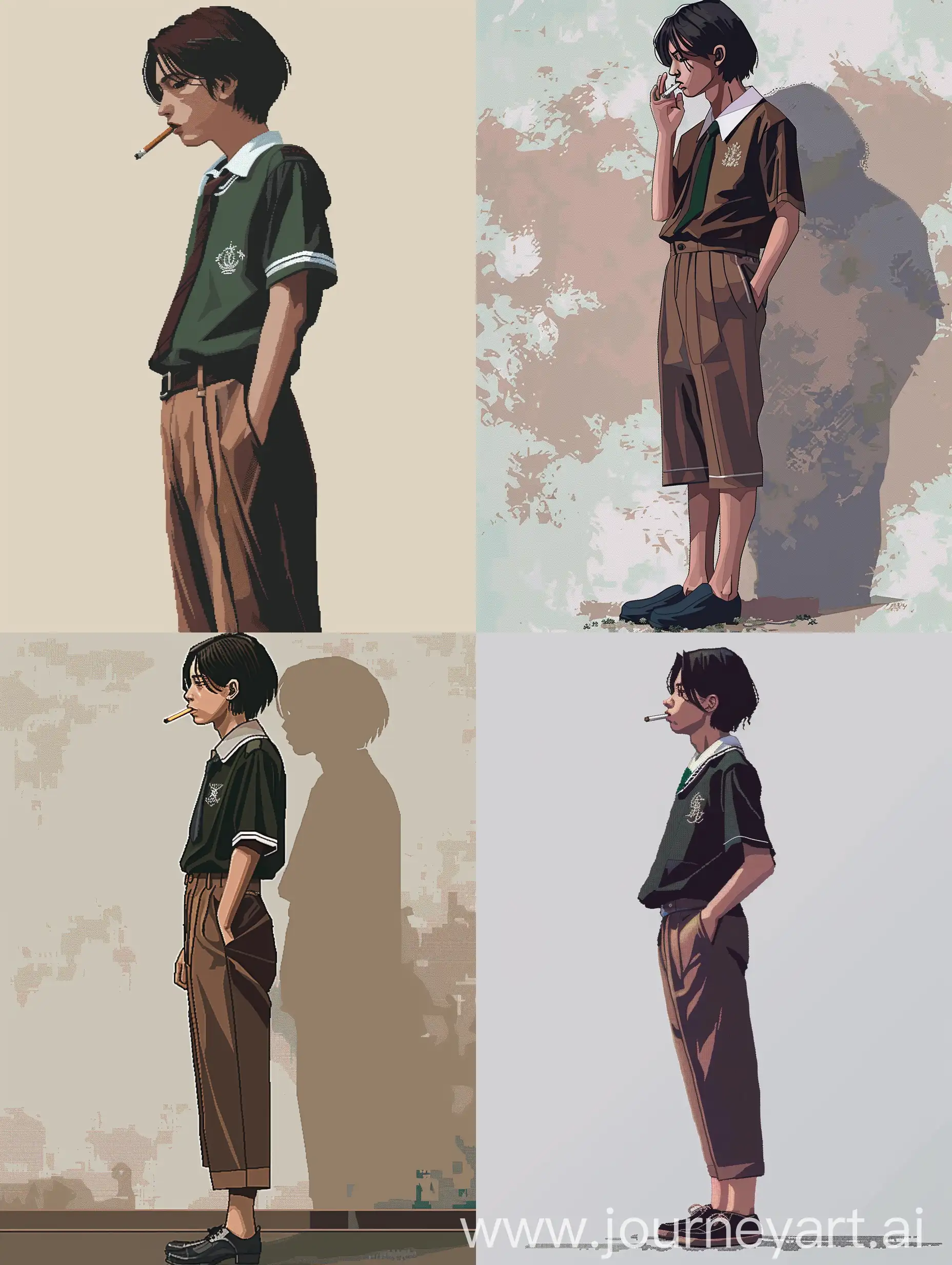 Japanese high school student in school uniform, pixel art, side view, full length, concept art, with a cigarette, in trousers, white shirt and tie