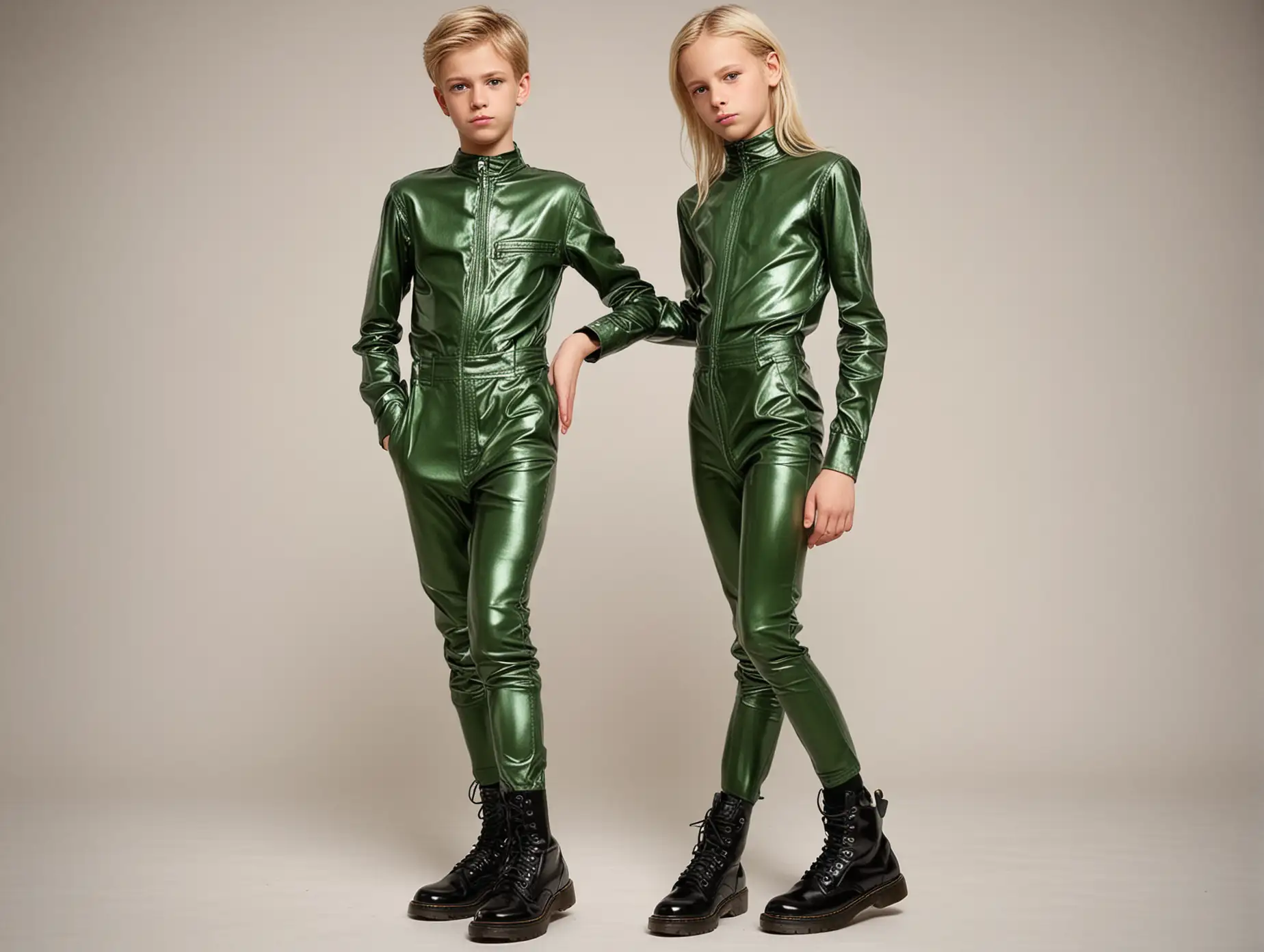 very thin 12 year old blond  boy in skin-tight shiny  green jumpsuit and black knee-high doc marten boots