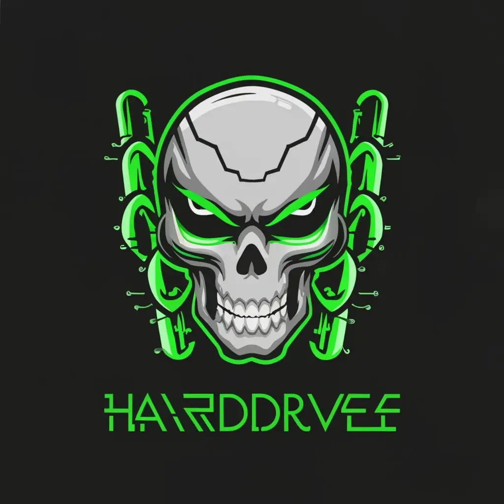 a logo design,with the text "HardDrive", main symbol:Cyber Skull with chains,complex,clear background