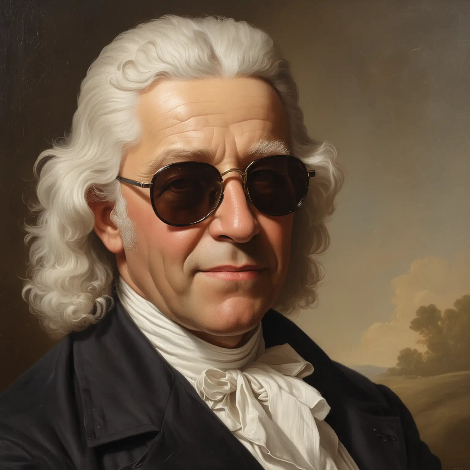 an oil painting of charles wesley wearing sunglasses, oil painting, 65 years old

