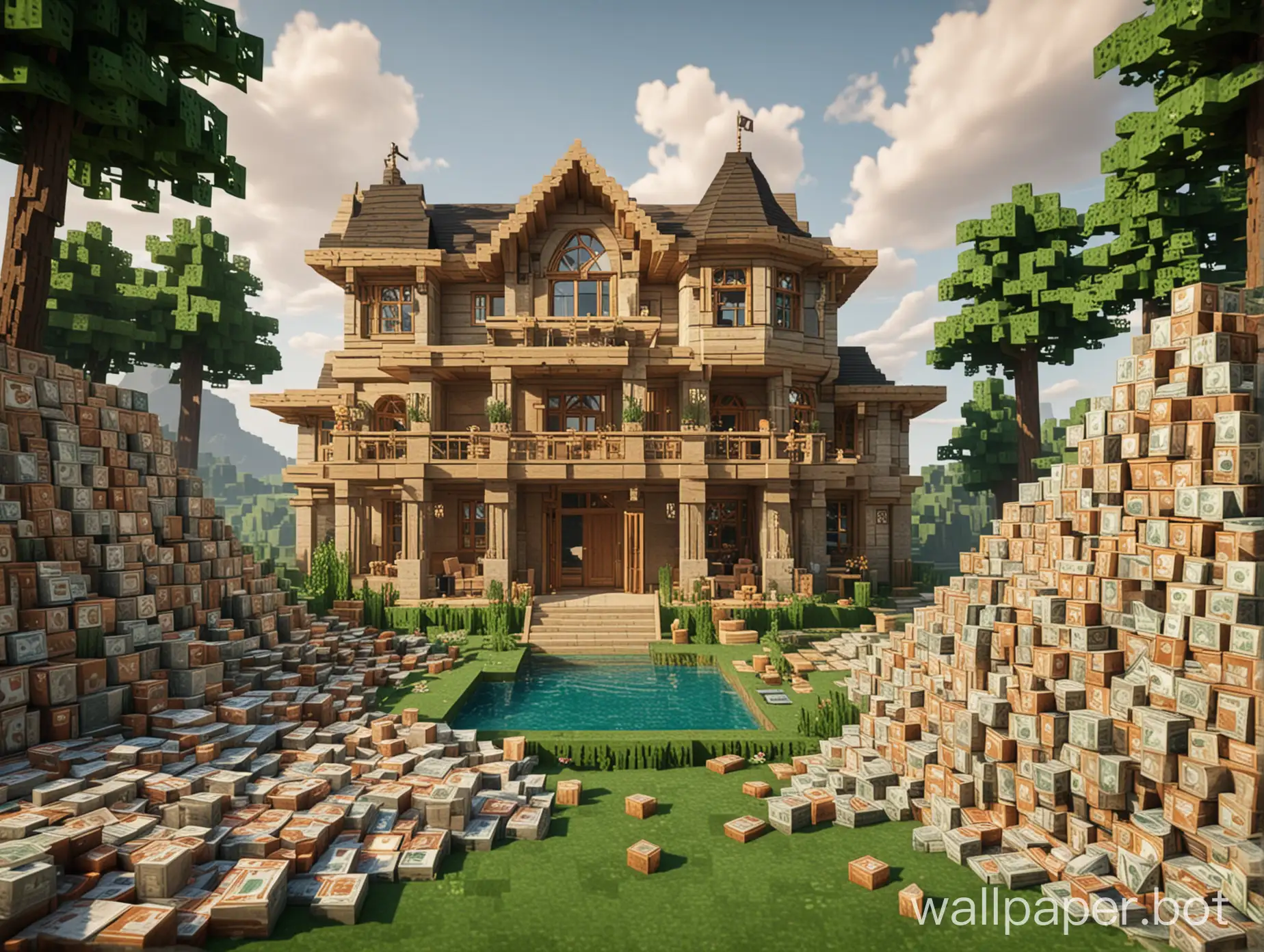 minecraft luxury house with pile of minecraft money