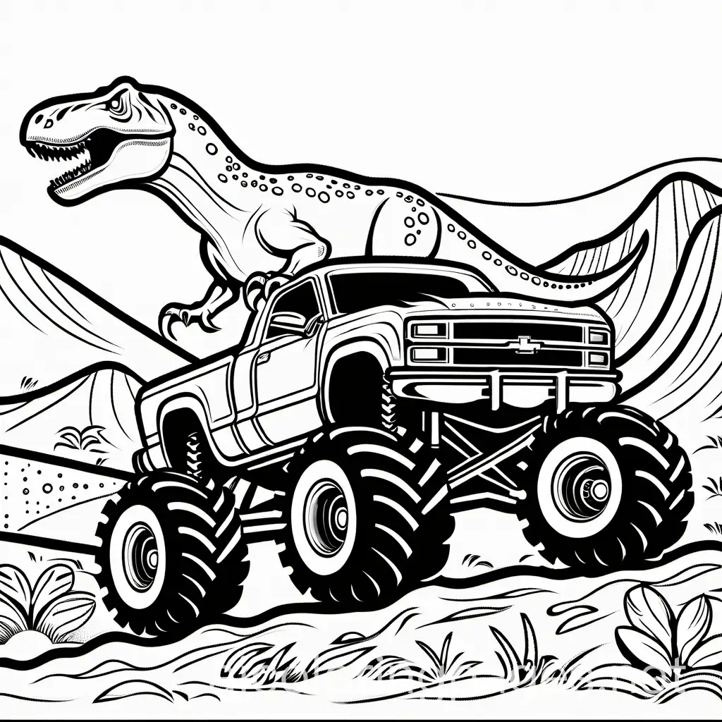 T. rex riding monster truck, Coloring Page, black and white, line art, white background, Simplicity, Ample White Space. The background of the coloring page is plain white to make it easy for young children to color within the lines. The outlines of all the subjects are easy to distinguish, making it simple for kids to color without too much difficulty