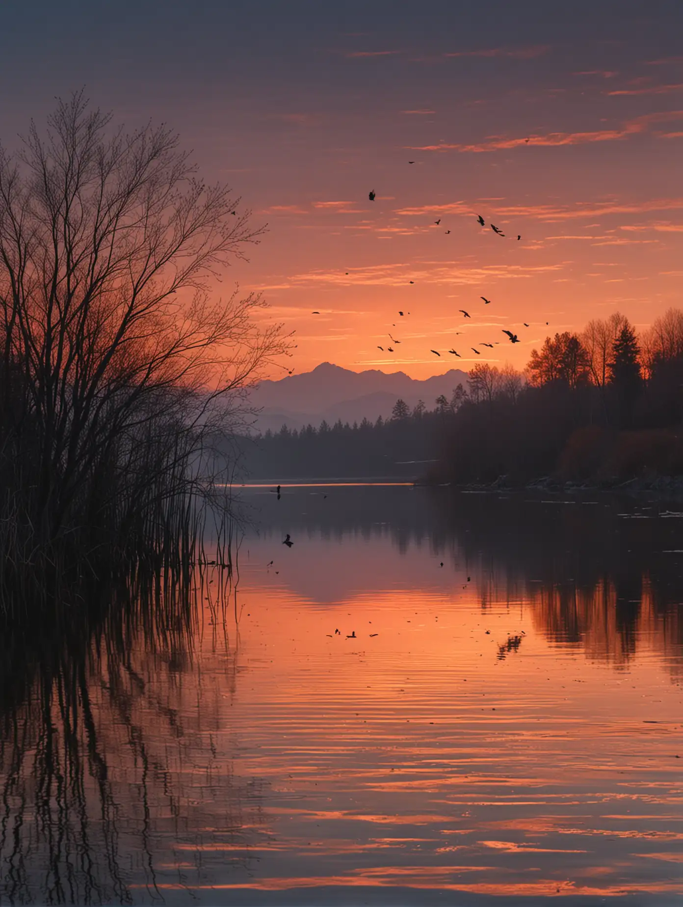Tranquil-Sunset-Scene-with-Herons-Flying-over-Lake