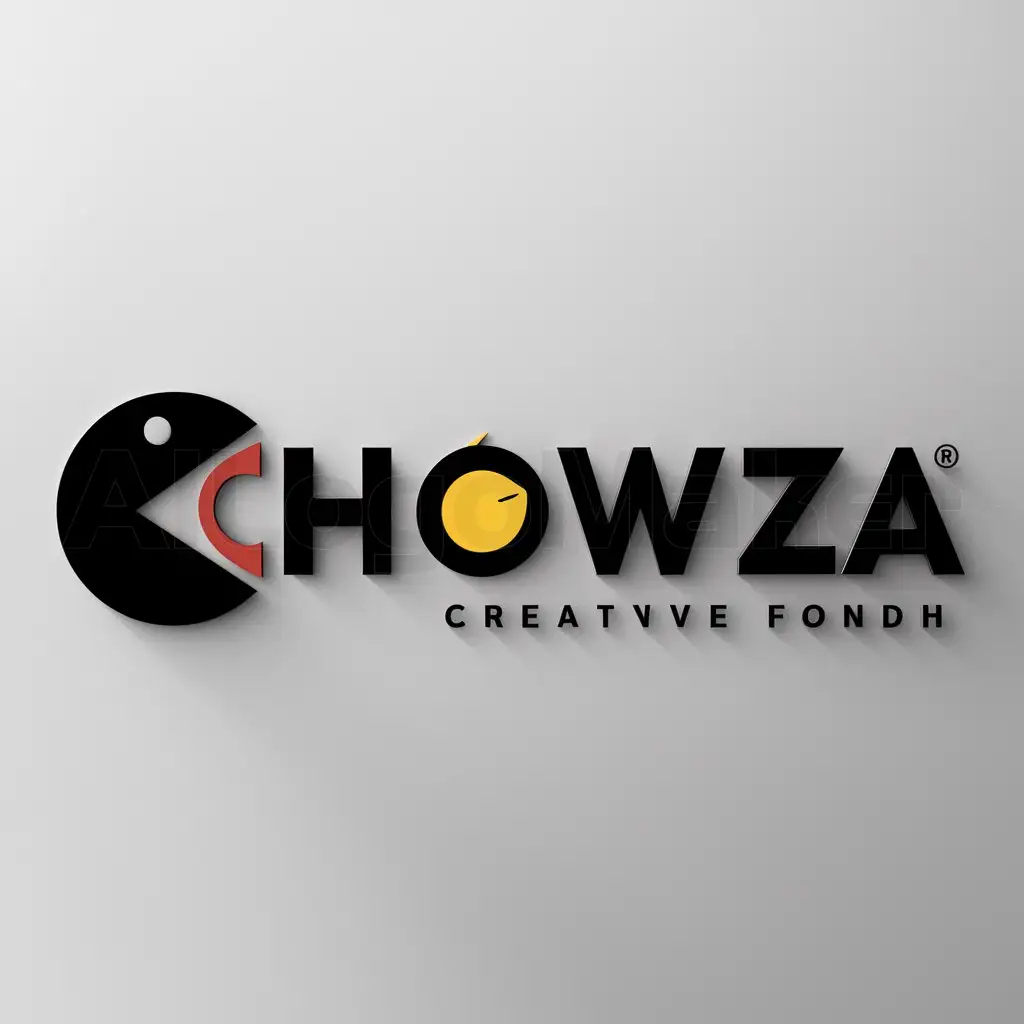 a logo design,with the text "Chowza", main symbol:Pacman with open mouth that is shaped as a 'C' spelling chowza,Moderate,be used in food industry,clear background