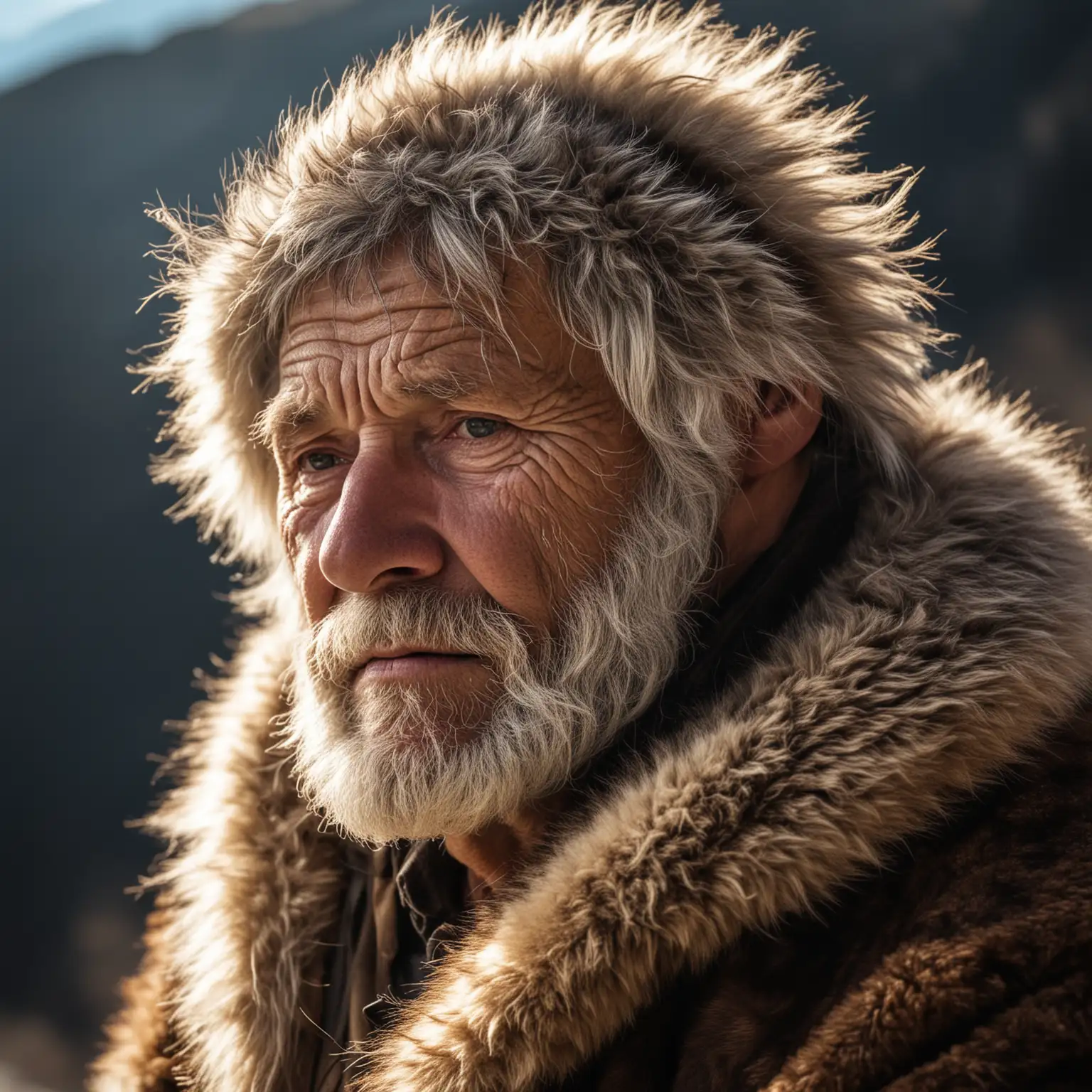 Portrait of Old Mountain Man in Fur Looking into the Distance