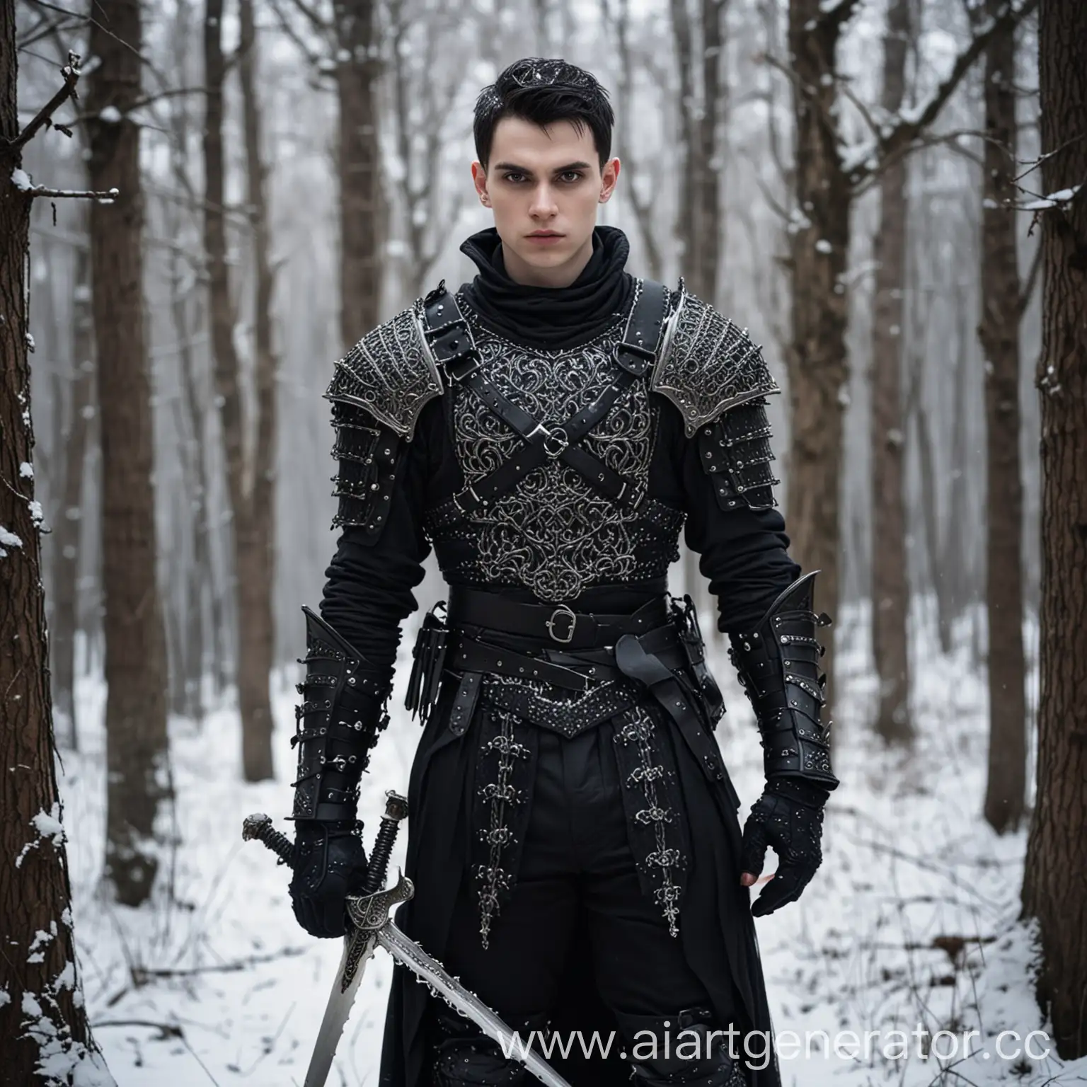 young man, warrior, short dark hair, pale skin, dark eyes, very thin lips, clean-shaven face, full height, wearing black chainmail and armor, sword on his hip, dark winter forest background, trees in the snow, gothic fantasy style
