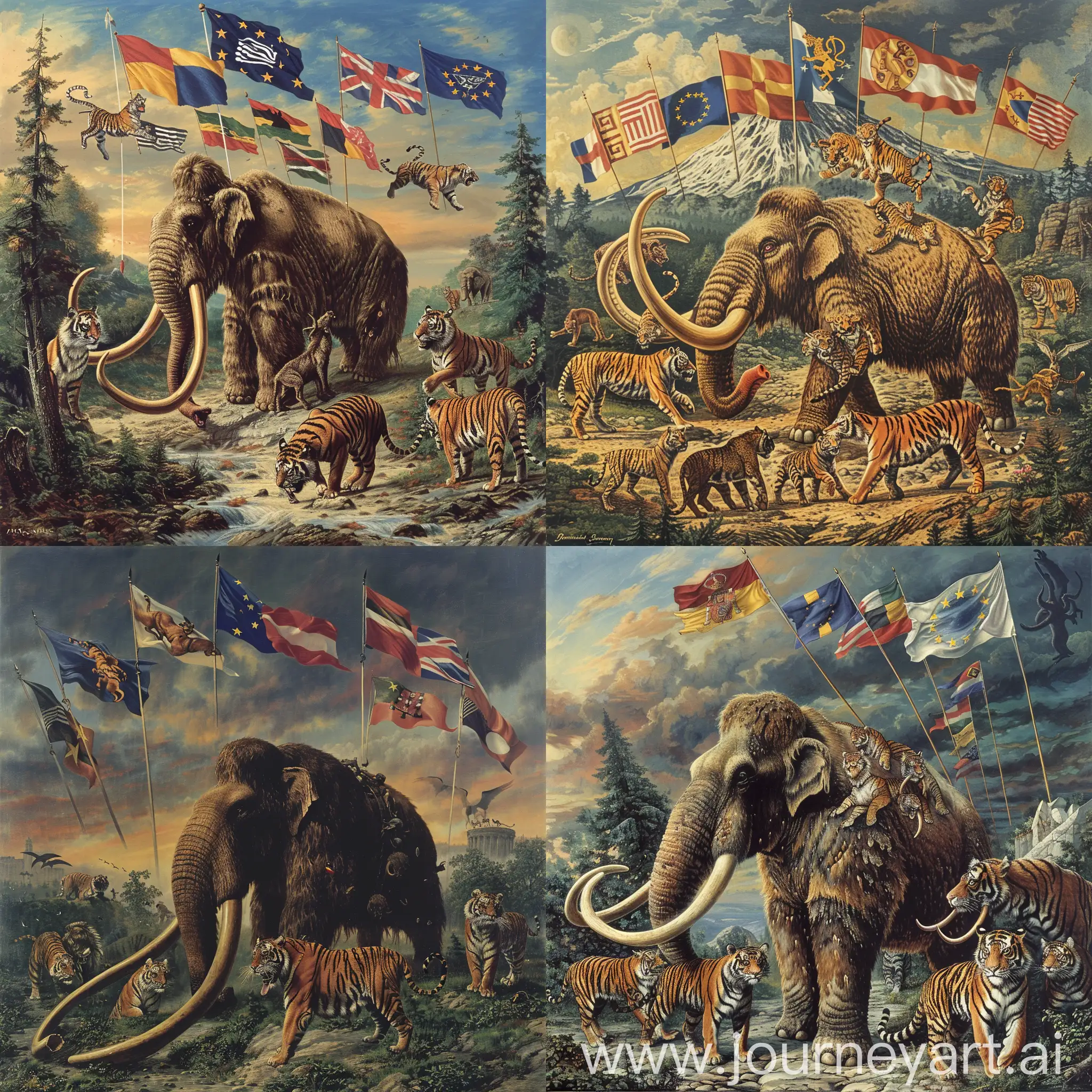 изобрази мамонта вместе с тиграми и остальными хищниками сверху над ними флаги европейских стран