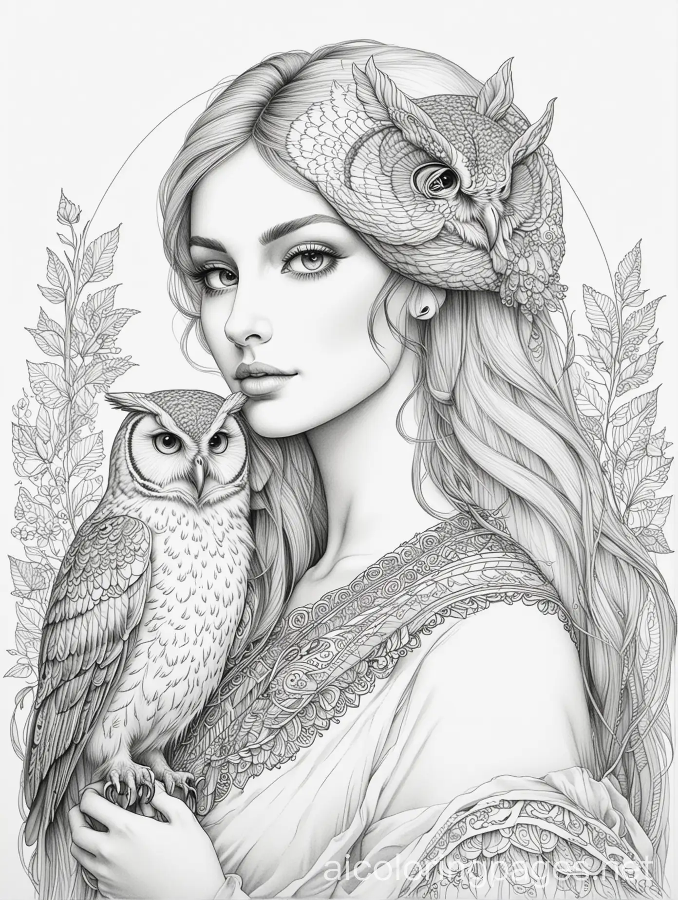 colouring page line art beautiful lady with owl, Coloring Page, black and white, line art, white background, Simplicity, Ample White Space
