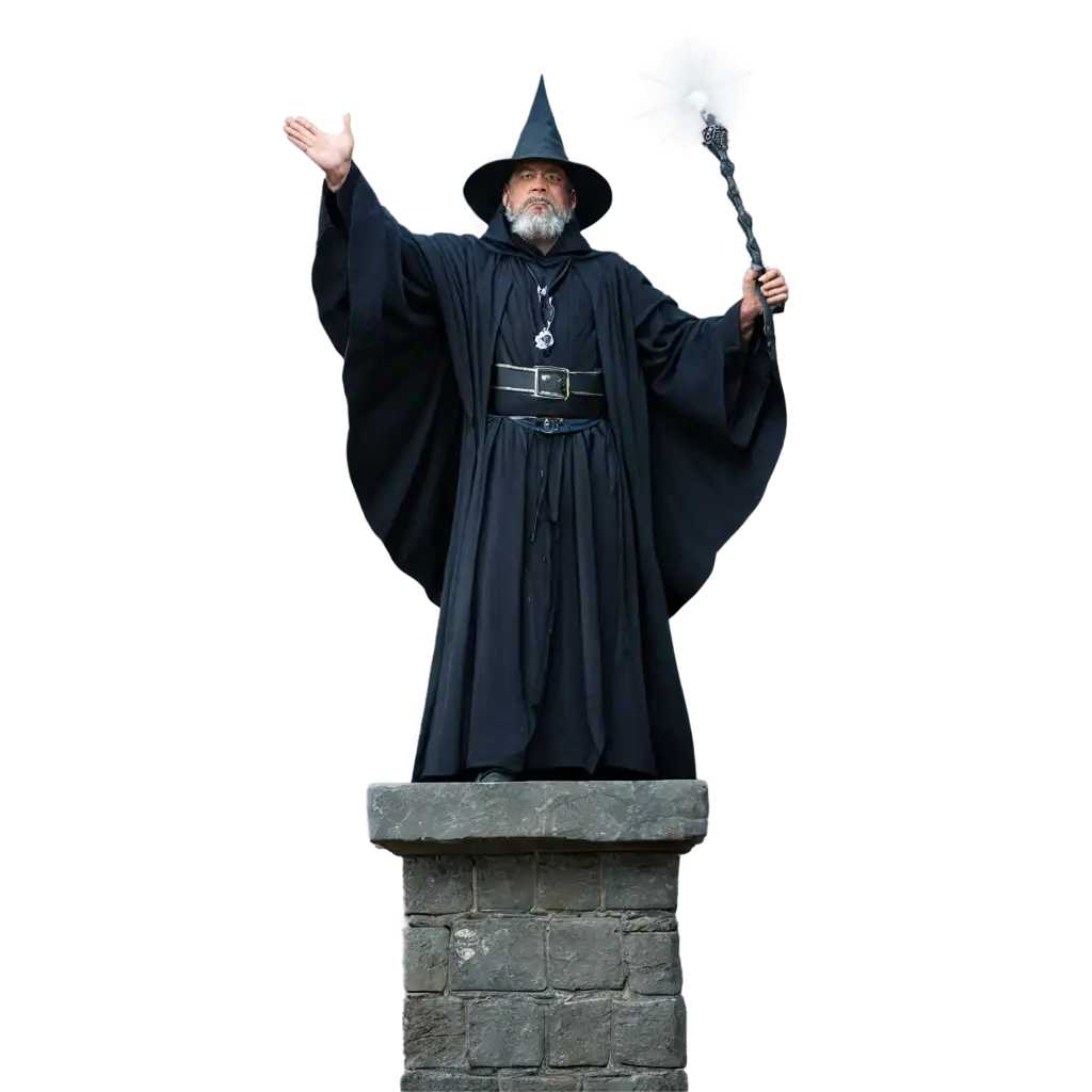 Dark and ominous wizard perfomring magic on top of a stone spire.