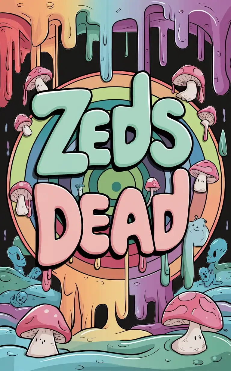 the words "Zeds Dead" in a background in a cute font and colorful drippy slime with bright girly colors and mushrooms and aliens in a drippy circle