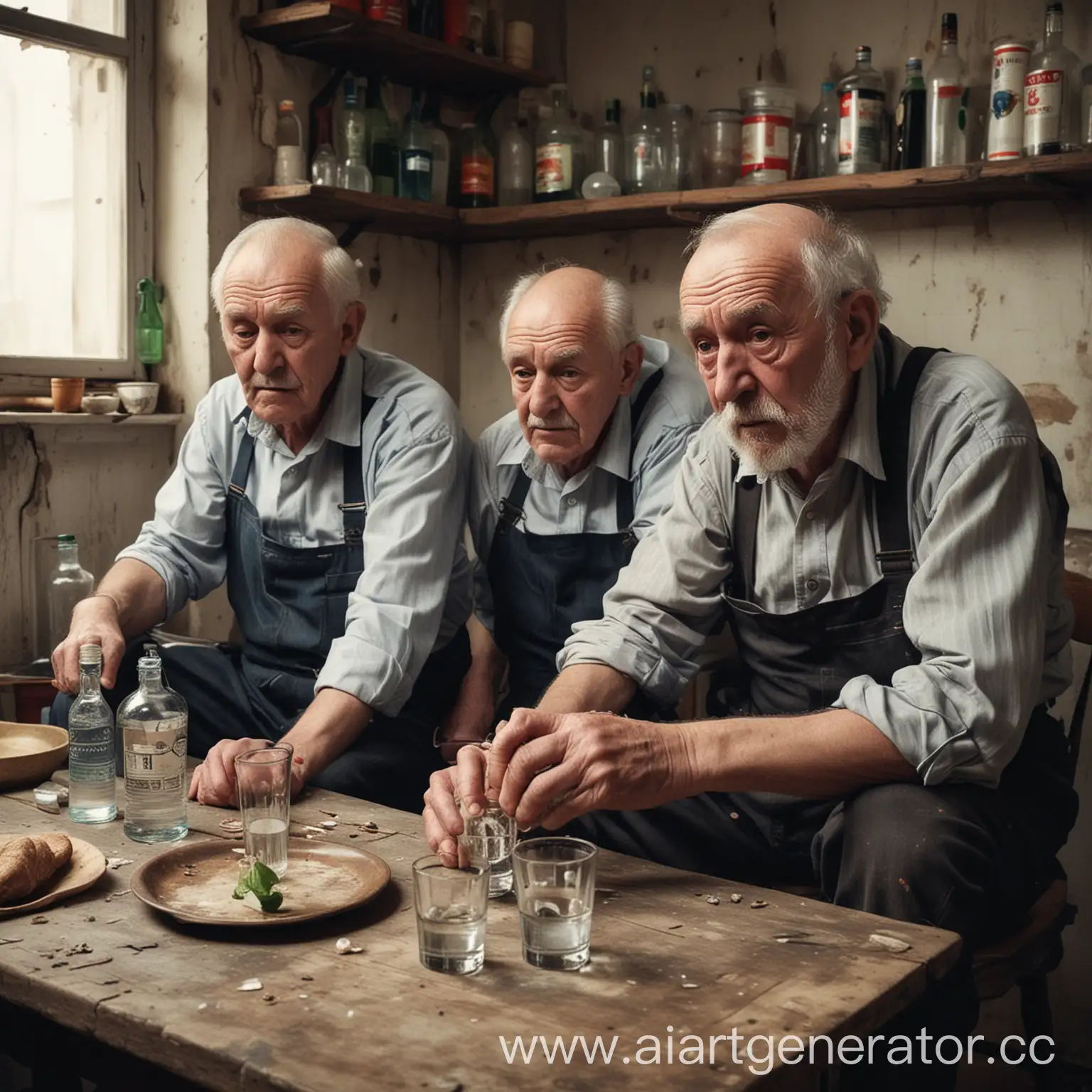 Два старых деда погрязших в бытовухе сидят на грязной кухне и пьют водку
