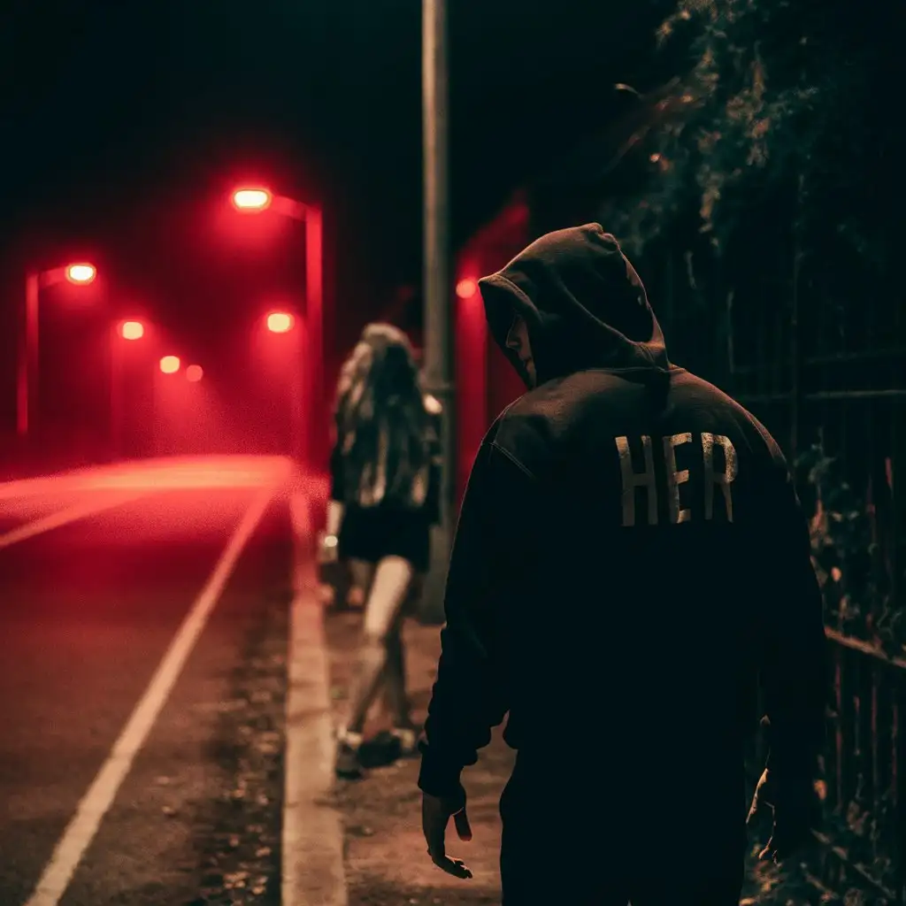 night view from behind a guy wearing a black hoodie with the text (HER) on the hoodie , next to the road , taken with a bad and old camera , with minor details , realistic , bit of red lights and strange atmosphere , horror place , album cover art , guy following a woman