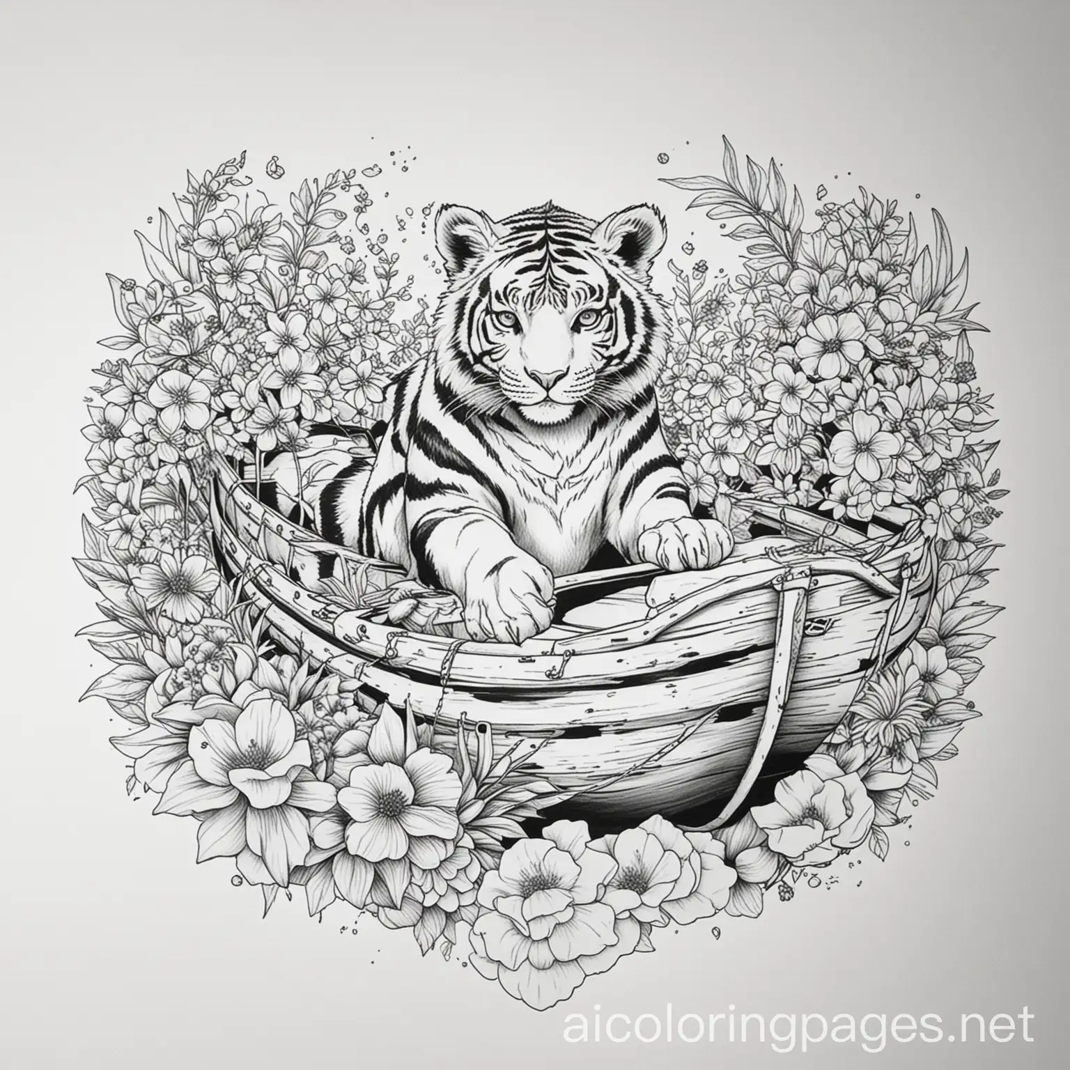 flowers tiger naruto car boat , Coloring Page, black and white, line art, white background, Simplicity, Ample White Space