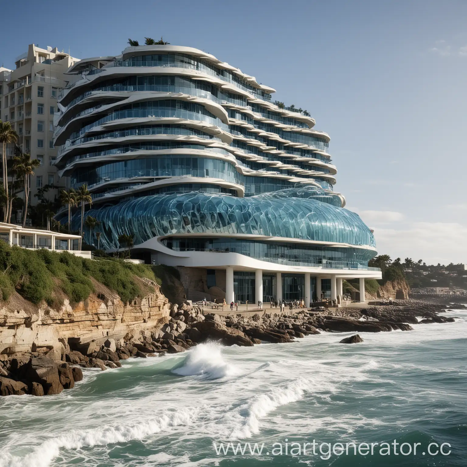 The big hotel, named "The Wave", should have an unusual shape inspired by a crashing wave in the ocean. The building should be curved and flowing, resembling the motion of a wave as it crests and curls. The exterior should be made of blue-tinted glass to reflect the color of the ocean, with intricate wave patterns etched into the surface to mimic the texture of water. The hotel should be situated on a cliff overlooking the sea, with dramatic views of the coastline and crashing waves below. The backdrop of the hotel should be a lush, tropical landscape with palm trees swaying in the ocean breeze. In terms of style, "The Wave" should have a modern and sleek design with minimalist touches to enhance the overall aesthetic. The colors of the exterior should be a mix of deep blues, aquamarines, and crisp whites to evoke a sense of serenity and tranquility. Overall, "The Wave" hotel should be a striking and unique architectural masterpiece that captures the beauty and power of the ocean, providing guests with a truly immersive and unforgettable experience.