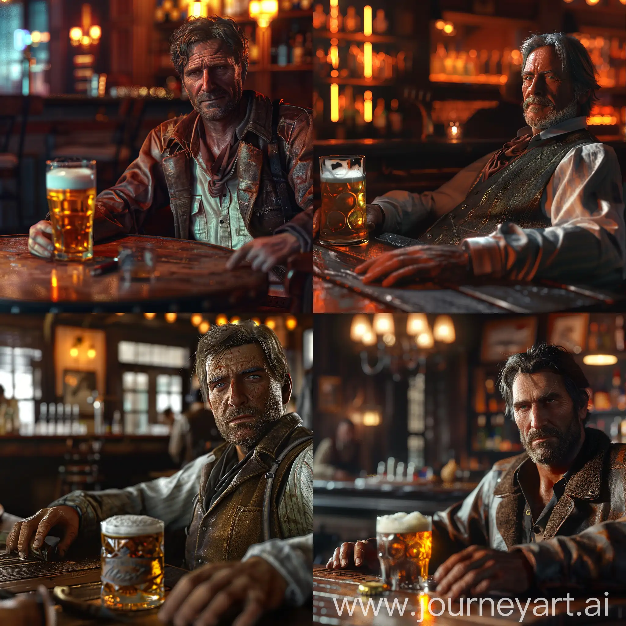 Arthur Morgan from RDR2 is sitting at a table, a glass of beer on the table, bar background, close-up, hyperrealism, 8k, professional lighting