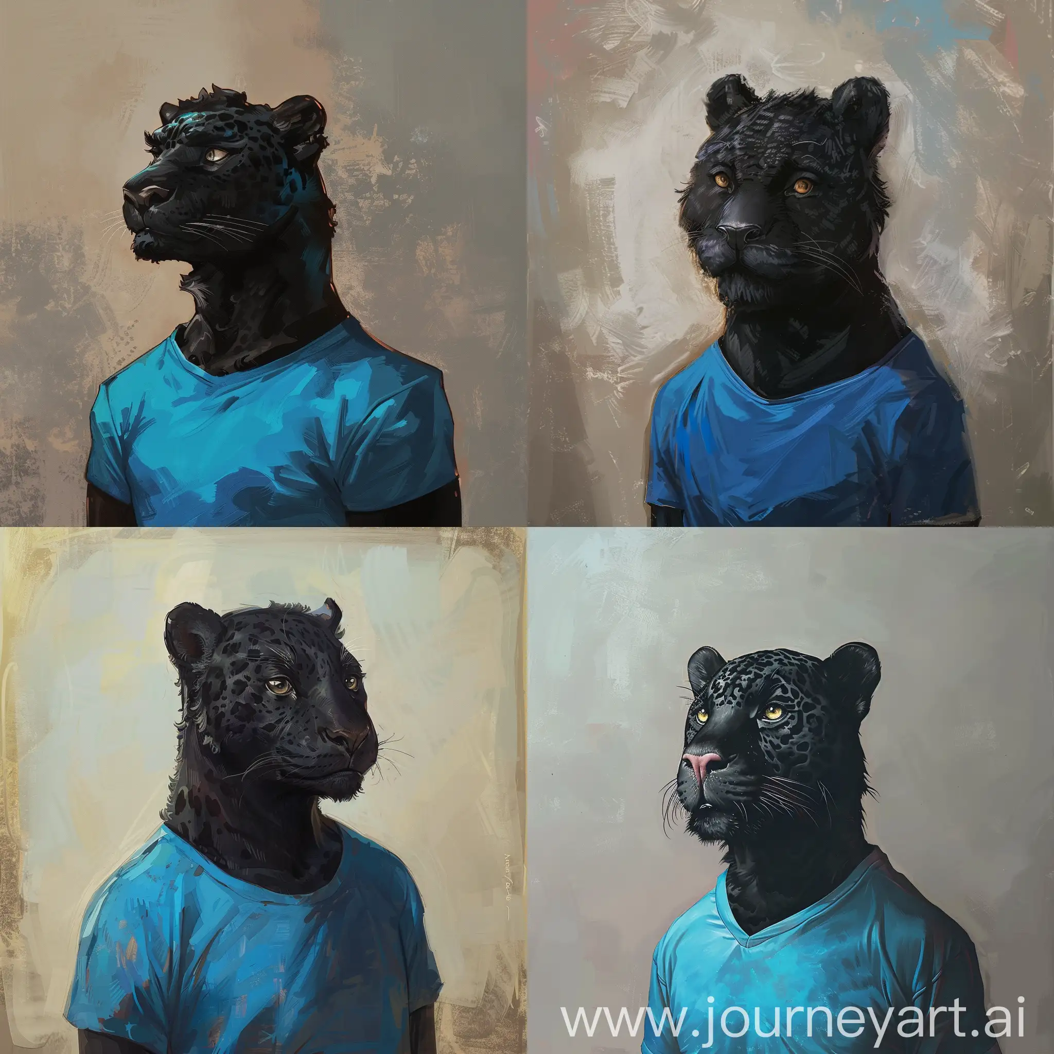 Enoch bolles art style of  , black jaguar as a suave human man, dressed in a vibrant blue  t-shirt , NFT profile picture, whimsical, textured brushwork, gentle facial expression, front view