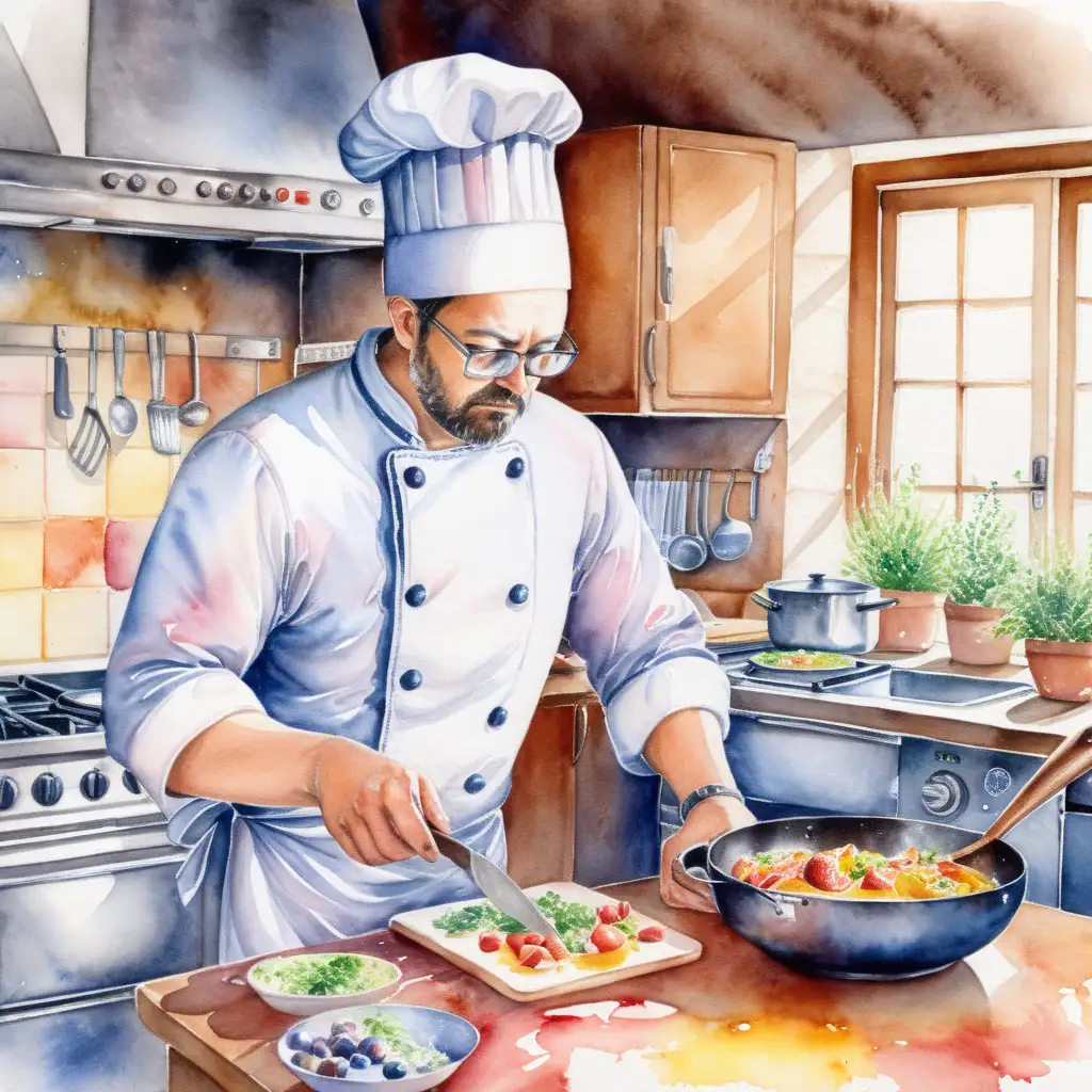 En kock som lagar mat i ett kök , med vattenfärg 