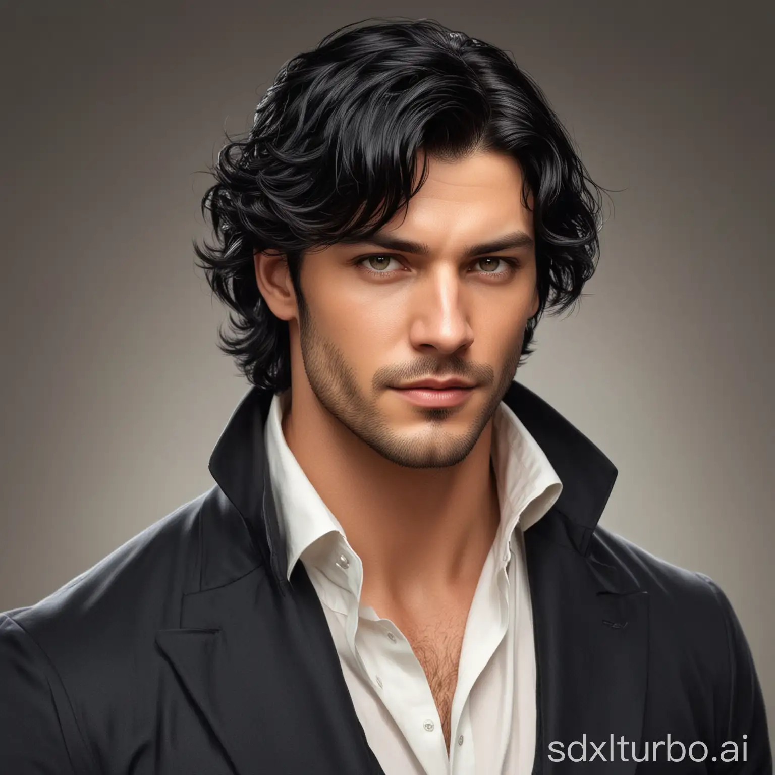 Male, black hair, wavy hair, early thirties, toned, attractive, handsome, manly, book character art