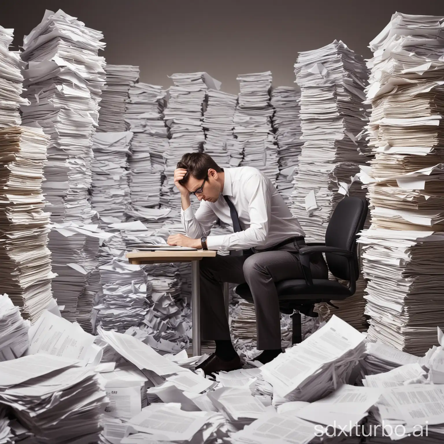 Eine Person, die in einem Büro an einem Schreibtisch sitzt und vor einem großen Haufen Belegen und Papierstapeln verzweifelt versucht, Ordnung in das Chaos zu bringen.